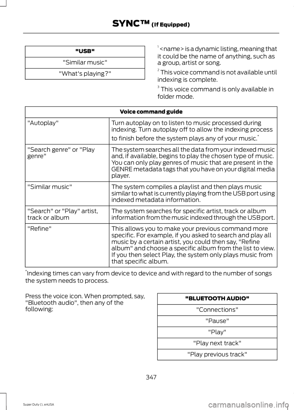 FORD F250 SUPER DUTY 2015 Owners Manual "USB"
"Similar music"
"What's playing?"
1 <name> is a dynamic listing, meaning thatit could be the name of anything, such asa group, artist or song.2 This voice command is FORD F250 SUPER DUTY 2015 Owners Manual "USB"
"Similar music"
"What's playing?"
1 <name> is a dynamic listing, meaning thatit could be the name of anything, such asa group, artist or song.2 This voice command is
