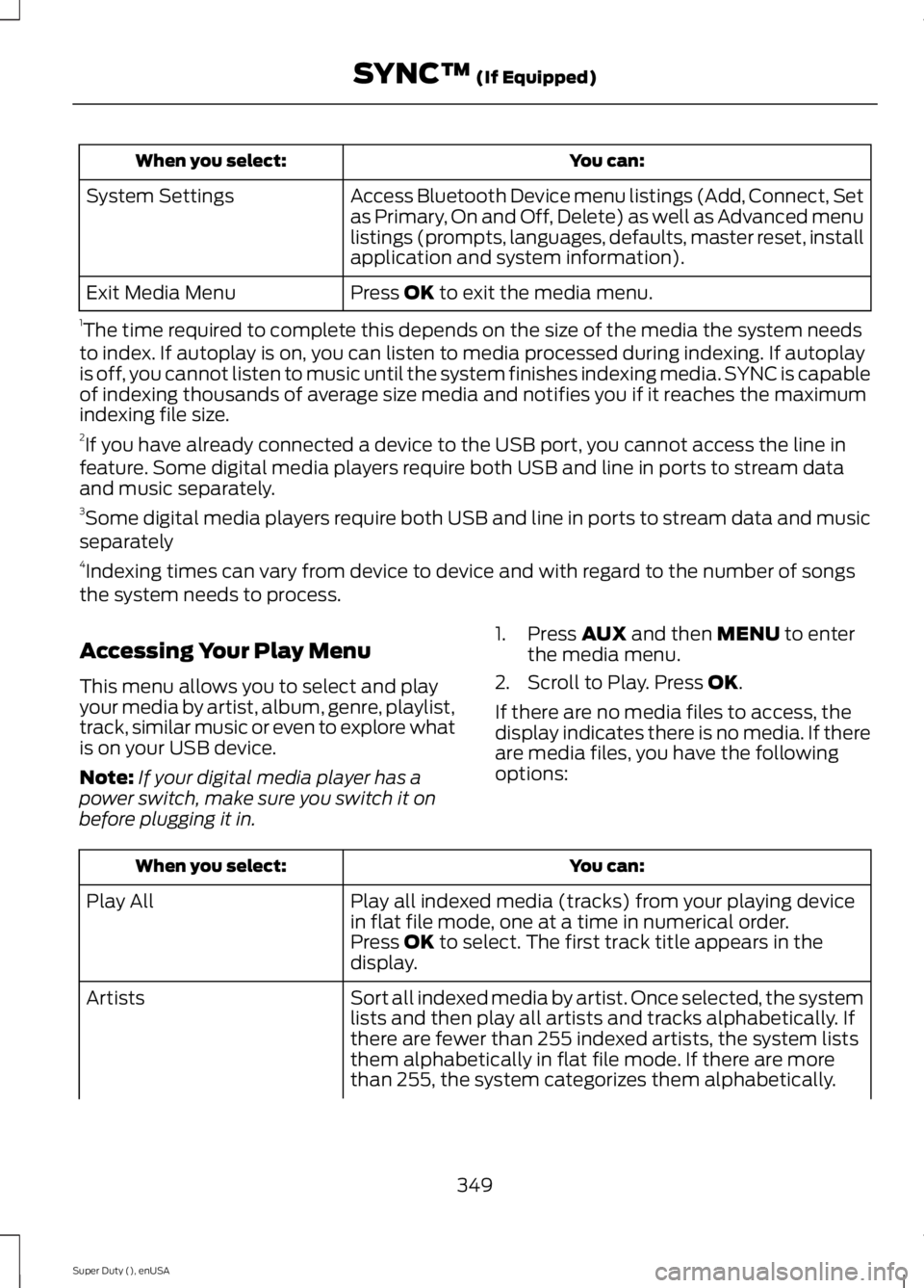 FORD F250 SUPER DUTY 2015  Owners Manual You can:When you select:
Access Bluetooth Device menu listings (Add, Connect, Setas Primary, On and Off, Delete) as well as Advanced menulistings (prompts, languages, defaults, master reset, installap