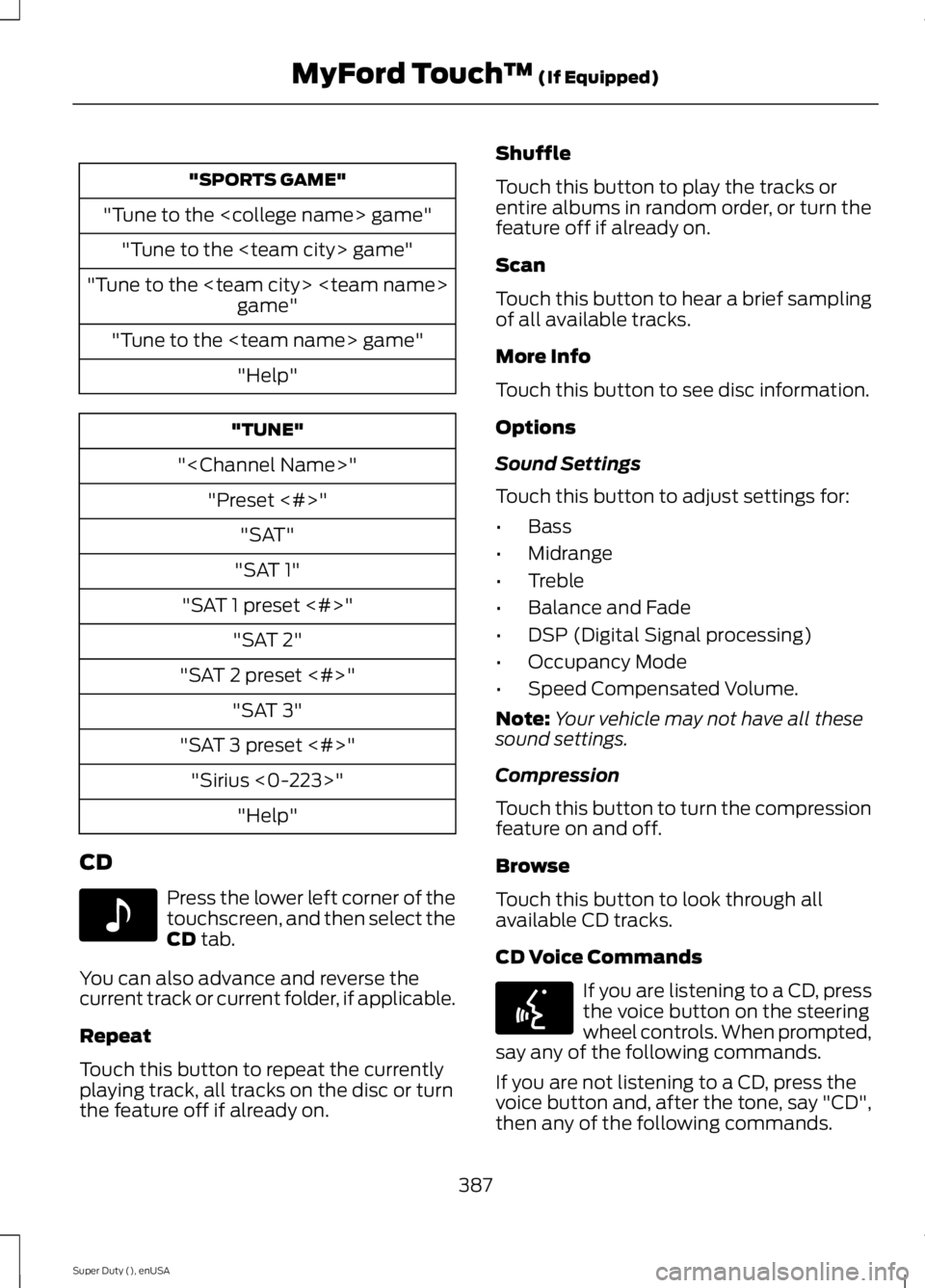 FORD F250 SUPER DUTY 2015  Owners Manual "SPORTS GAME"
"Tune to the <college name> game"
"Tune to the <team city> game"
"Tune to the <team city> <team name>game"
"Tune to the <team name> game"
"Hel