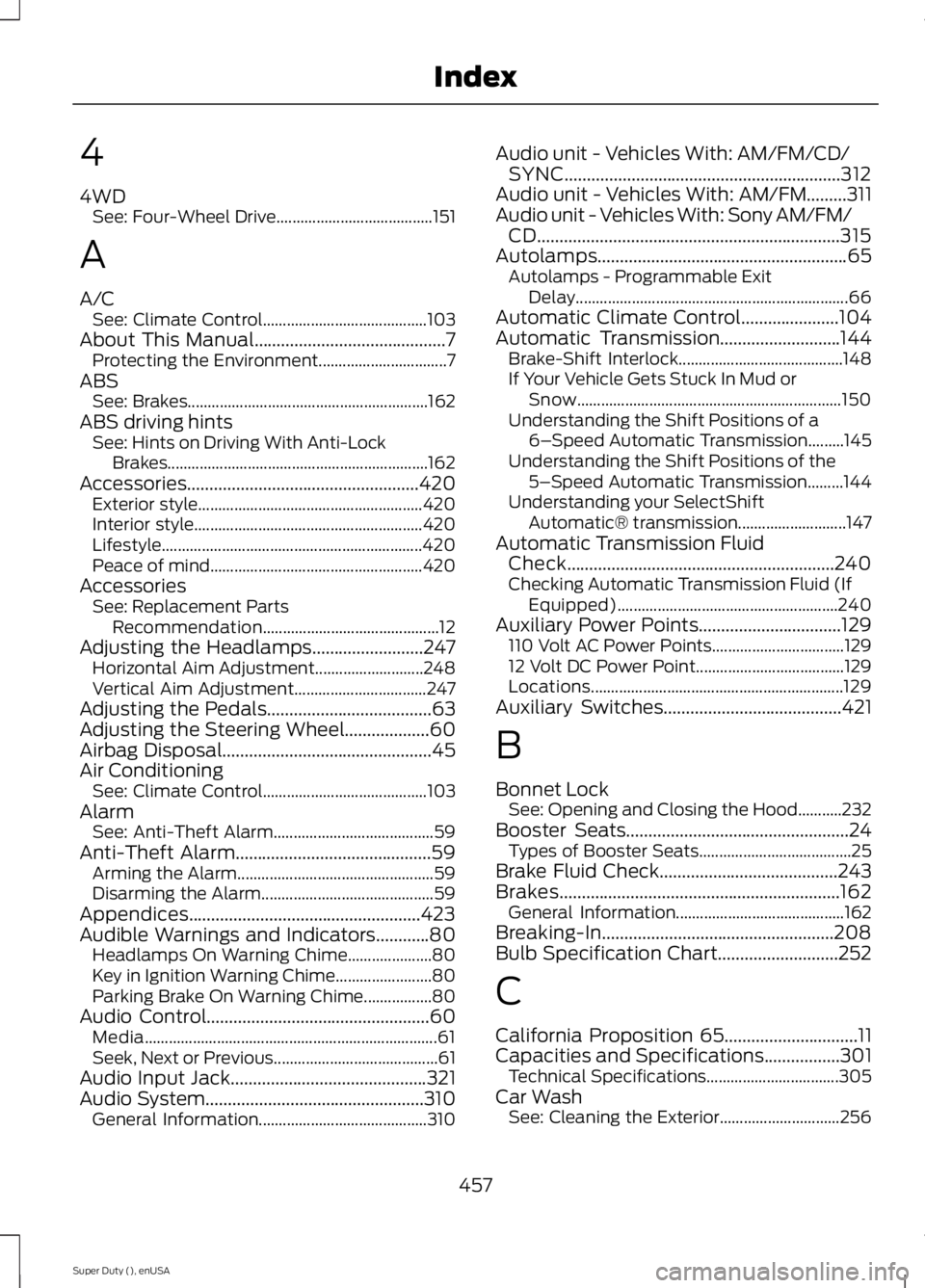 FORD F250 SUPER DUTY 2015  Owners Manual 4
4WDSee: Four-Wheel Drive.......................................151
A
A/CSee: Climate Control.........................................103About This Manual...........................................7P