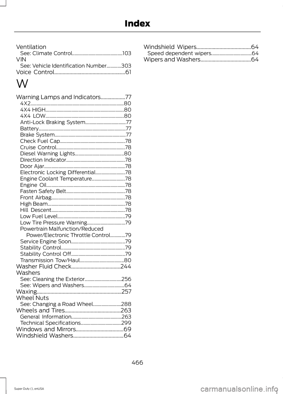 FORD F250 SUPER DUTY 2015  Owners Manual VentilationSee: Climate Control.........................................103VINSee: Vehicle Identification Number............303Voice Control....................................................61
W
War