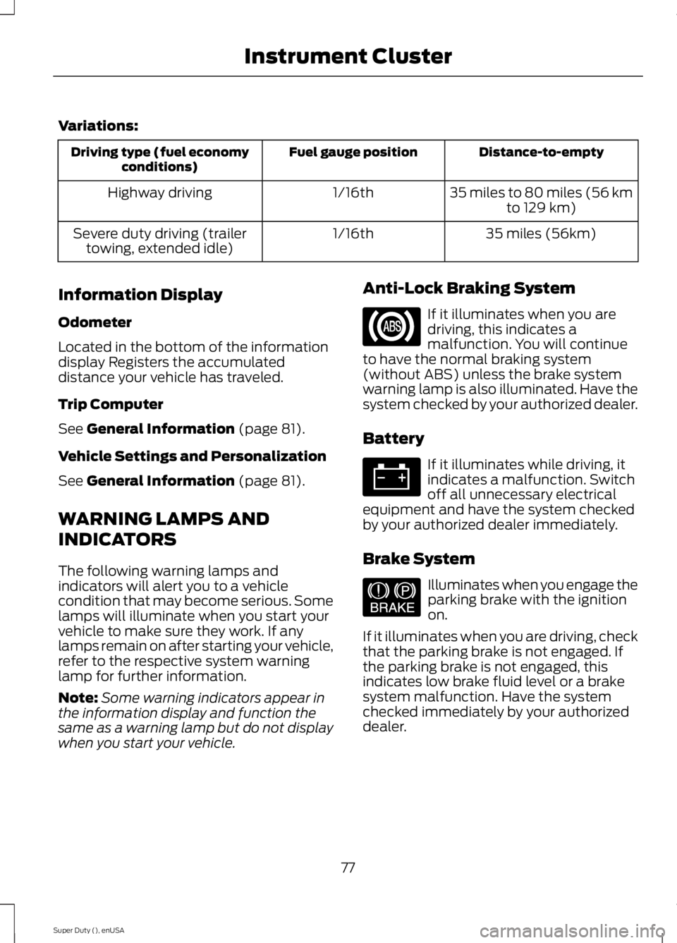 FORD F250 SUPER DUTY 2015 Manual PDF Variations:
Distance-to-emptyFuel gauge positionDriving type (fuel economyconditions)
35 miles to 80 miles (56 kmto 129 km)1/16thHighway driving
35 miles (56km)1/16thSevere duty driving (trailertowing