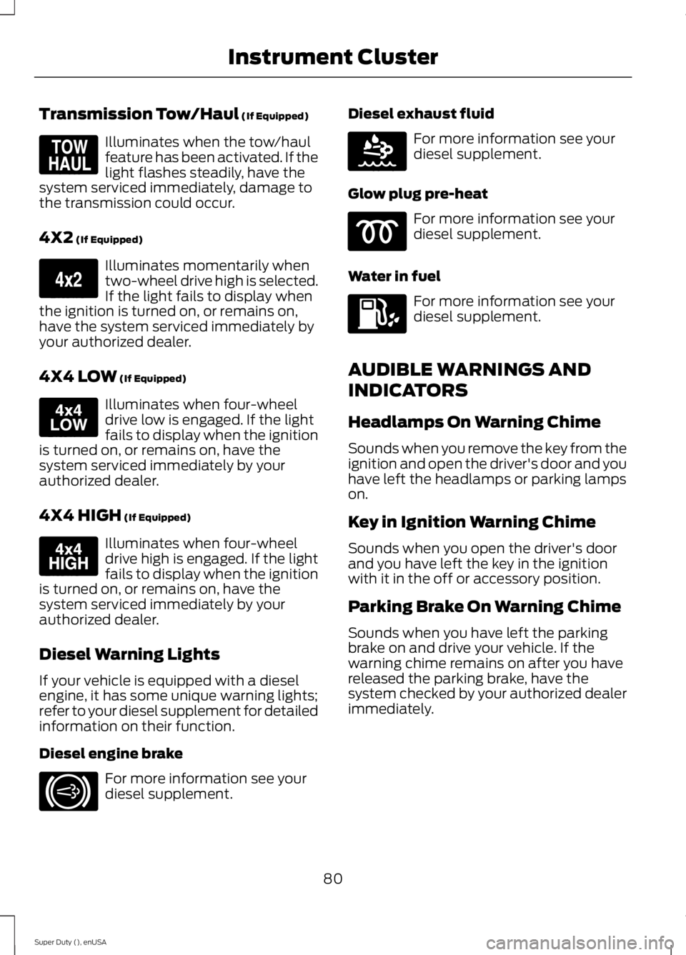 FORD F250 SUPER DUTY 2015  Owners Manual Transmission Tow/Haul (If Equipped)
Illuminates when the tow/haulfeature has been activated. If thelight flashes steadily, have thesystem serviced immediately, damage tothe transmission could occur.
4