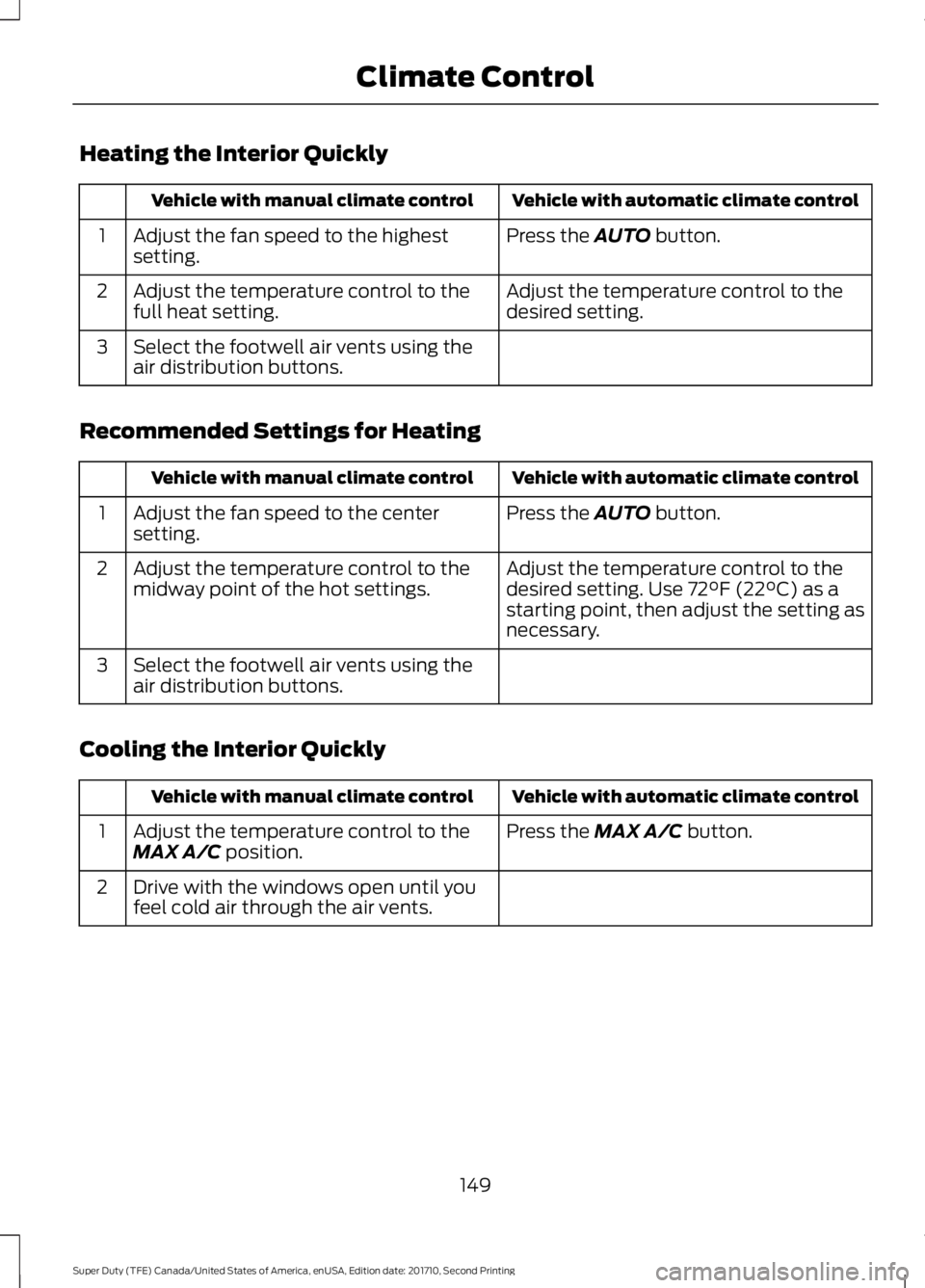 FORD F250 SUPER DUTY 2017  Owners Manual Heating the Interior Quickly
Vehicle with automatic climate controlVehicle with manual climate control
Press the AUTO button.Adjust the fan speed to the highestsetting.1
Adjust the temperature control