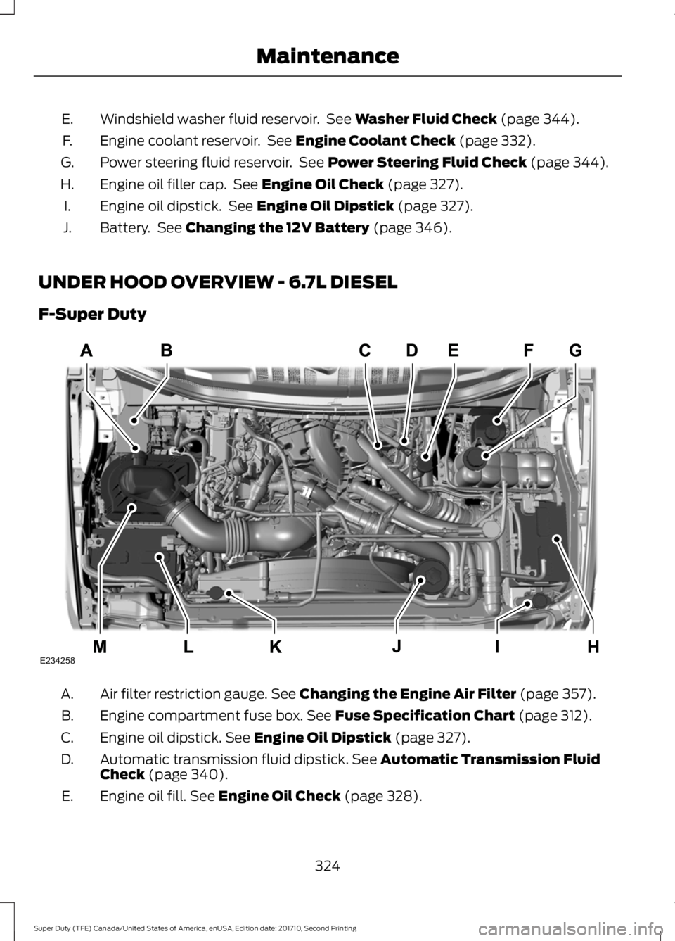 FORD F250 SUPER DUTY 2017 Owners Manual Windshield washer fluid reservoir. See Washer Fluid Check (page 344).E.
Engine coolant reservoir. See Engine Coolant Check (page 332).F.
Power steering fluid reservoir. See Power Steering Fluid Che FORD F250 SUPER DUTY 2017 Owners Manual Windshield washer fluid reservoir. See Washer Fluid Check (page 344).E.
Engine coolant reservoir. See Engine Coolant Check (page 332).F.
Power steering fluid reservoir. See Power Steering Fluid Che