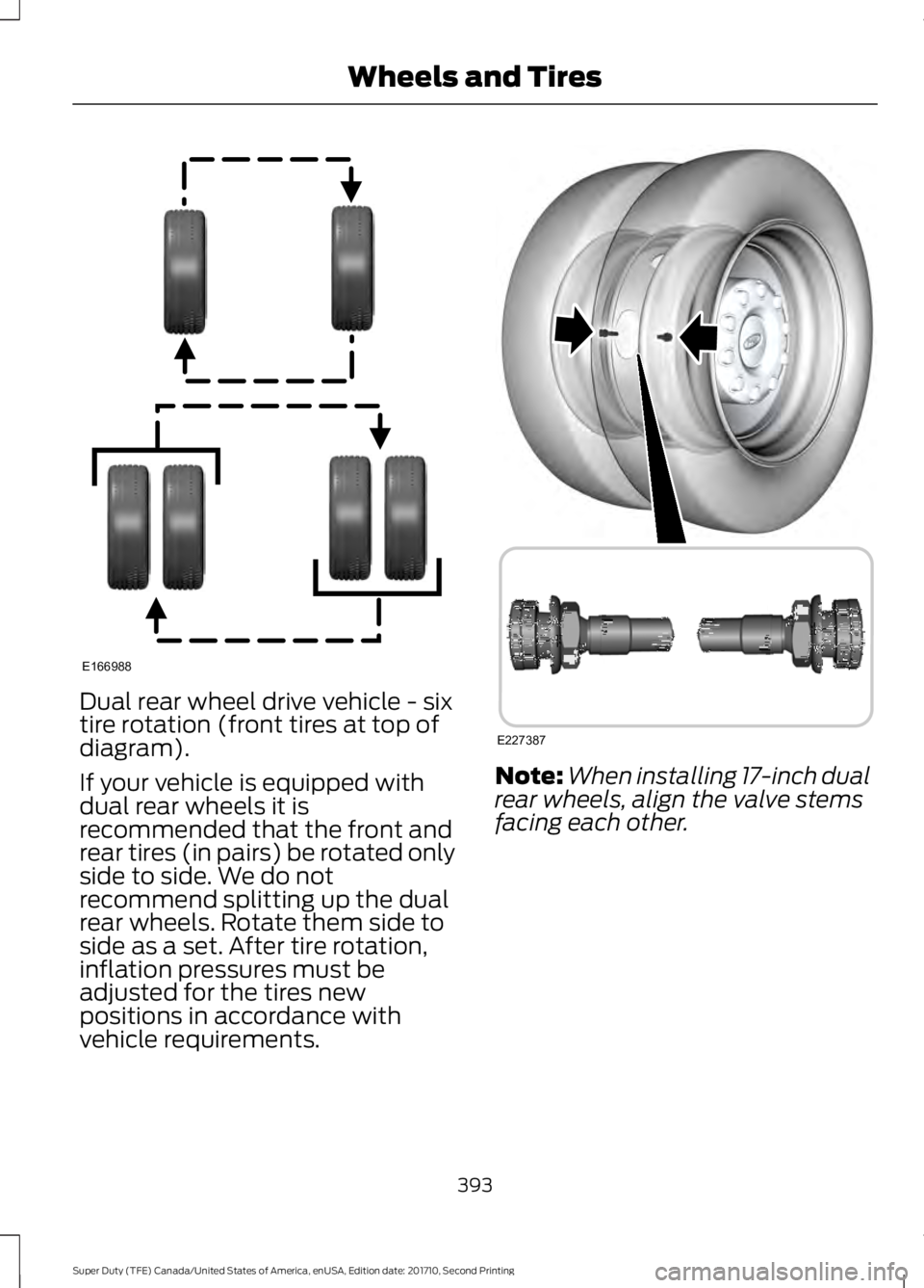 FORD F250 SUPER DUTY 2017 Owners Manual Dual rear wheel drive vehicle - sixtire rotation (front tires at top ofdiagram).
If your vehicle is equipped withdual rear wheels it isrecommended that the front andrear tires (in pairs) be rotated on FORD F250 SUPER DUTY 2017 Owners Manual Dual rear wheel drive vehicle - sixtire rotation (front tires at top ofdiagram).
If your vehicle is equipped withdual rear wheels it isrecommended that the front andrear tires (in pairs) be rotated on