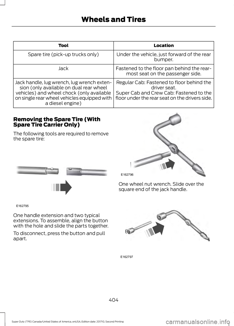 FORD F250 SUPER DUTY 2017 Owners Manual LocationTool
Under the vehicle, just forward of the rearbumper.Spare tire (pick-up trucks only)
Fastened to the floor pan behind the rear-most seat on the passenger side.Jack
Regular Cab: Fastened to FORD F250 SUPER DUTY 2017 Owners Manual LocationTool
Under the vehicle, just forward of the rearbumper.Spare tire (pick-up trucks only)
Fastened to the floor pan behind the rear-most seat on the passenger side.Jack
Regular Cab: Fastened to