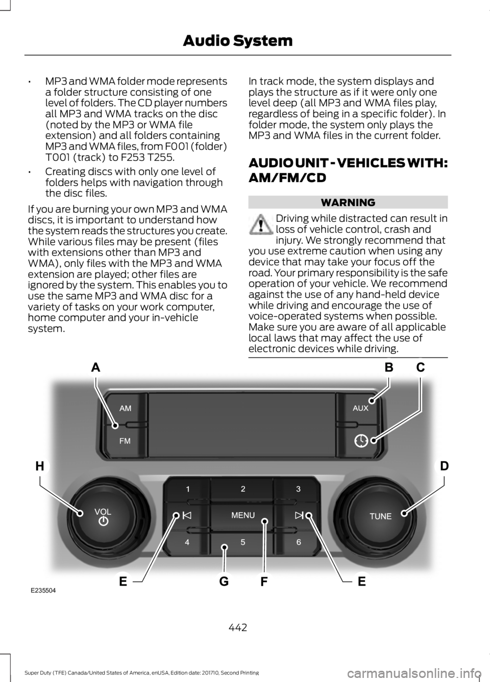 FORD F250 SUPER DUTY 2017 Owners Manual •MP3 and WMA folder mode representsa folder structure consisting of onelevel of folders. The CD player numbersall MP3 and WMA tracks on the disc(noted by the MP3 or WMA fileextension) and all folder FORD F250 SUPER DUTY 2017 Owners Manual •MP3 and WMA folder mode representsa folder structure consisting of onelevel of folders. The CD player numbersall MP3 and WMA tracks on the disc(noted by the MP3 or WMA fileextension) and all folder