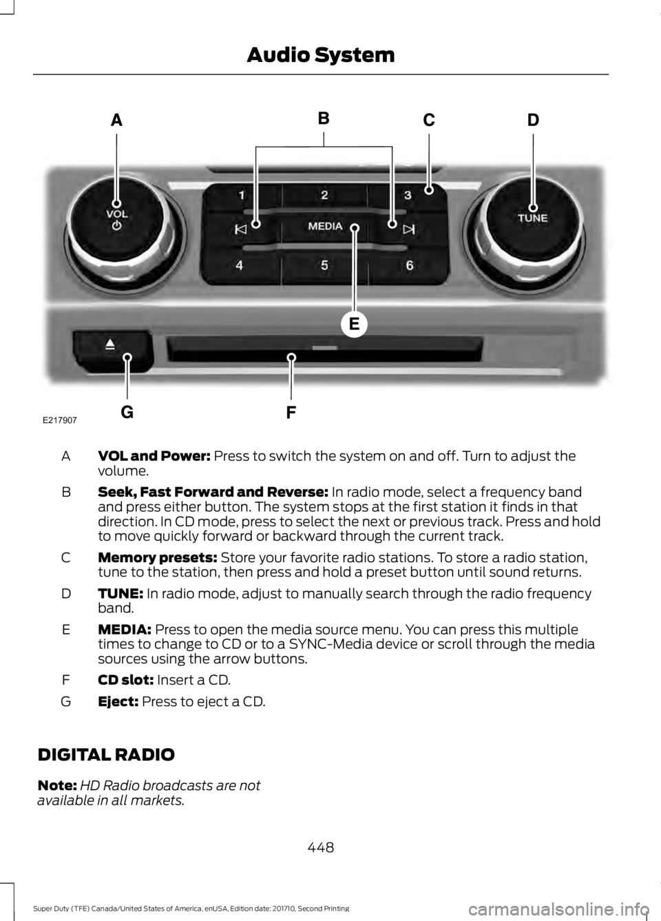 FORD F250 SUPER DUTY 2017  Owners Manual VOL and Power: Press to switch the system on and off. Turn to adjust thevolume.A
Seek, Fast Forward and Reverse: In radio mode, select a frequency bandand press either button. The system stops at the 