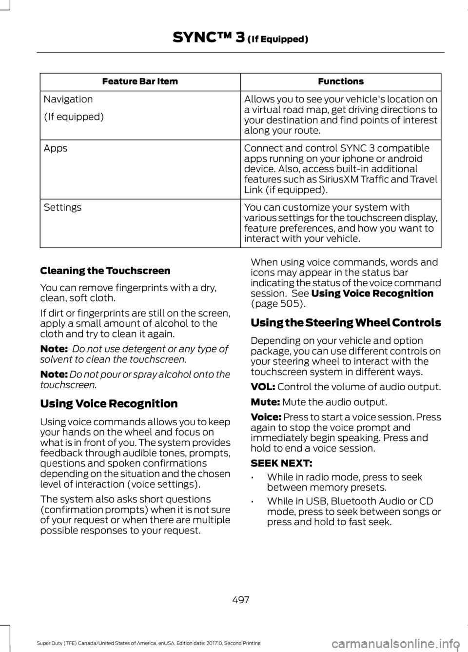 FORD F250 SUPER DUTY 2017 Owners Manual FunctionsFeature Bar Item
Allows you to see your vehicle's location ona virtual road map, get driving directions toyour destination and find points of interestalong your route.
Navigation
(If equi FORD F250 SUPER DUTY 2017 Owners Manual FunctionsFeature Bar Item
Allows you to see your vehicle's location ona virtual road map, get driving directions toyour destination and find points of interestalong your route.
Navigation
(If equi