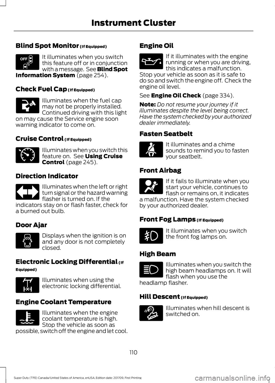 FORD F250 SUPER DUTY 2018  Owners Manual Blind Spot Monitor (If Equipped)
It illuminates when you switch
this feature off or in conjunction
with a message.  See Blind Spot
Information System
 (page 254).
Check Fuel Cap
 (If Equipped) Illumin