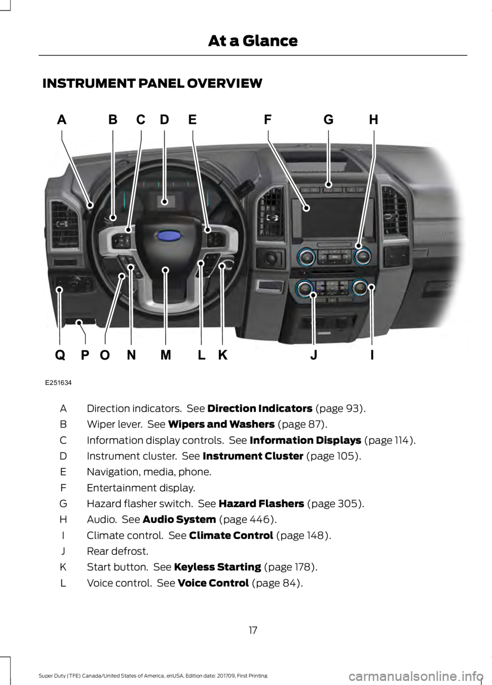 FORD F250 SUPER DUTY 2018 Owners Manual INSTRUMENT PANEL OVERVIEW
Direction indicators. See Direction Indicators (page 93).
A
Wiper lever. See
Wipers and Washers (page 87).
B
Information display controls. See
Information Displays (page FORD F250 SUPER DUTY 2018 Owners Manual INSTRUMENT PANEL OVERVIEW
Direction indicators. See Direction Indicators (page 93).
A
Wiper lever. See
Wipers and Washers (page 87).
B
Information display controls. See
Information Displays (page