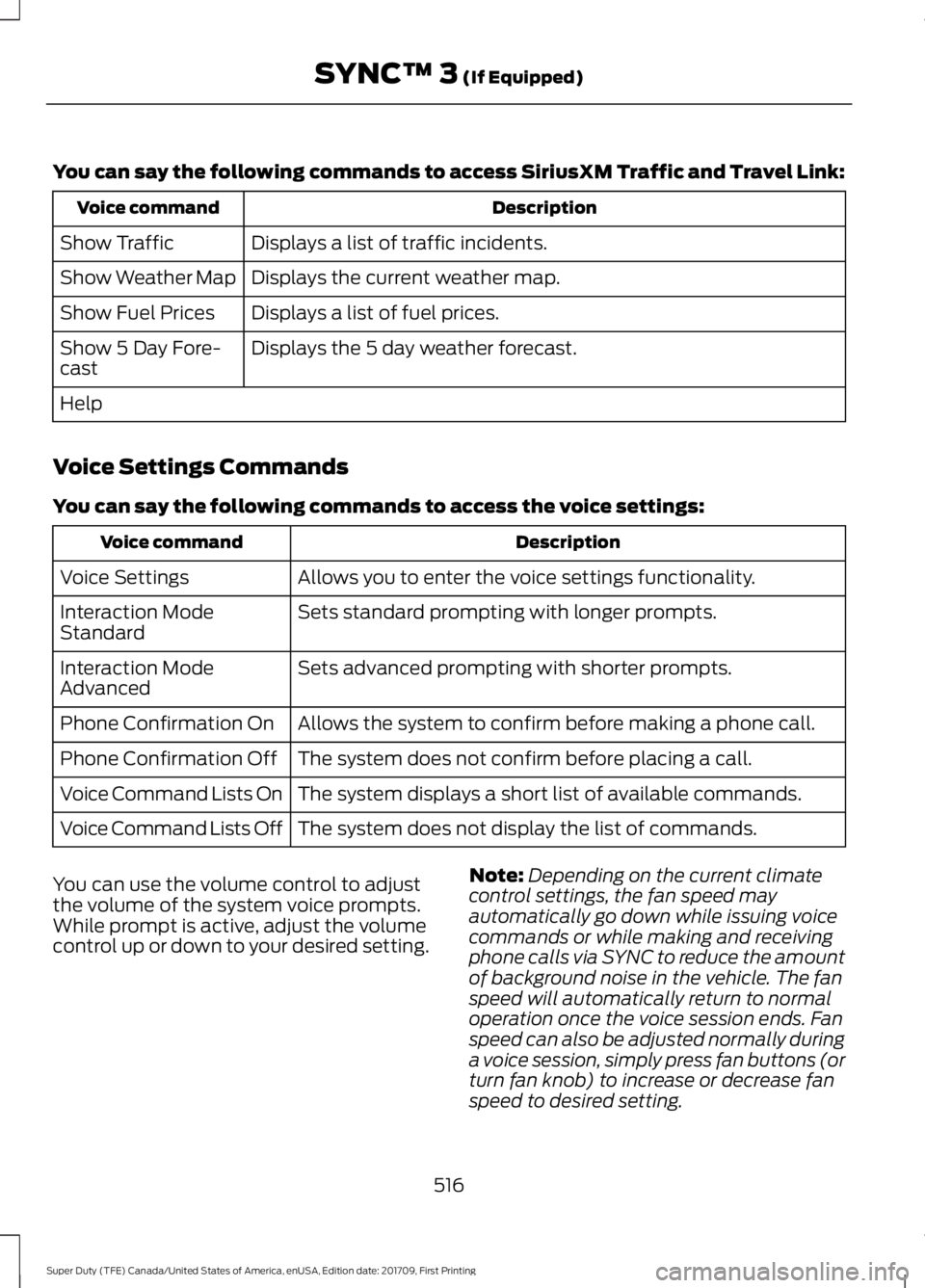 FORD F250 SUPER DUTY 2018 Owners Manual You can say the following commands to access SiriusXM Traffic and Travel Link:
Description
Voice command
Displays a list of traffic incidents.
Show Traffic
Displays the current weather map.
Show Weath FORD F250 SUPER DUTY 2018 Owners Manual You can say the following commands to access SiriusXM Traffic and Travel Link:
Description
Voice command
Displays a list of traffic incidents.
Show Traffic
Displays the current weather map.
Show Weath