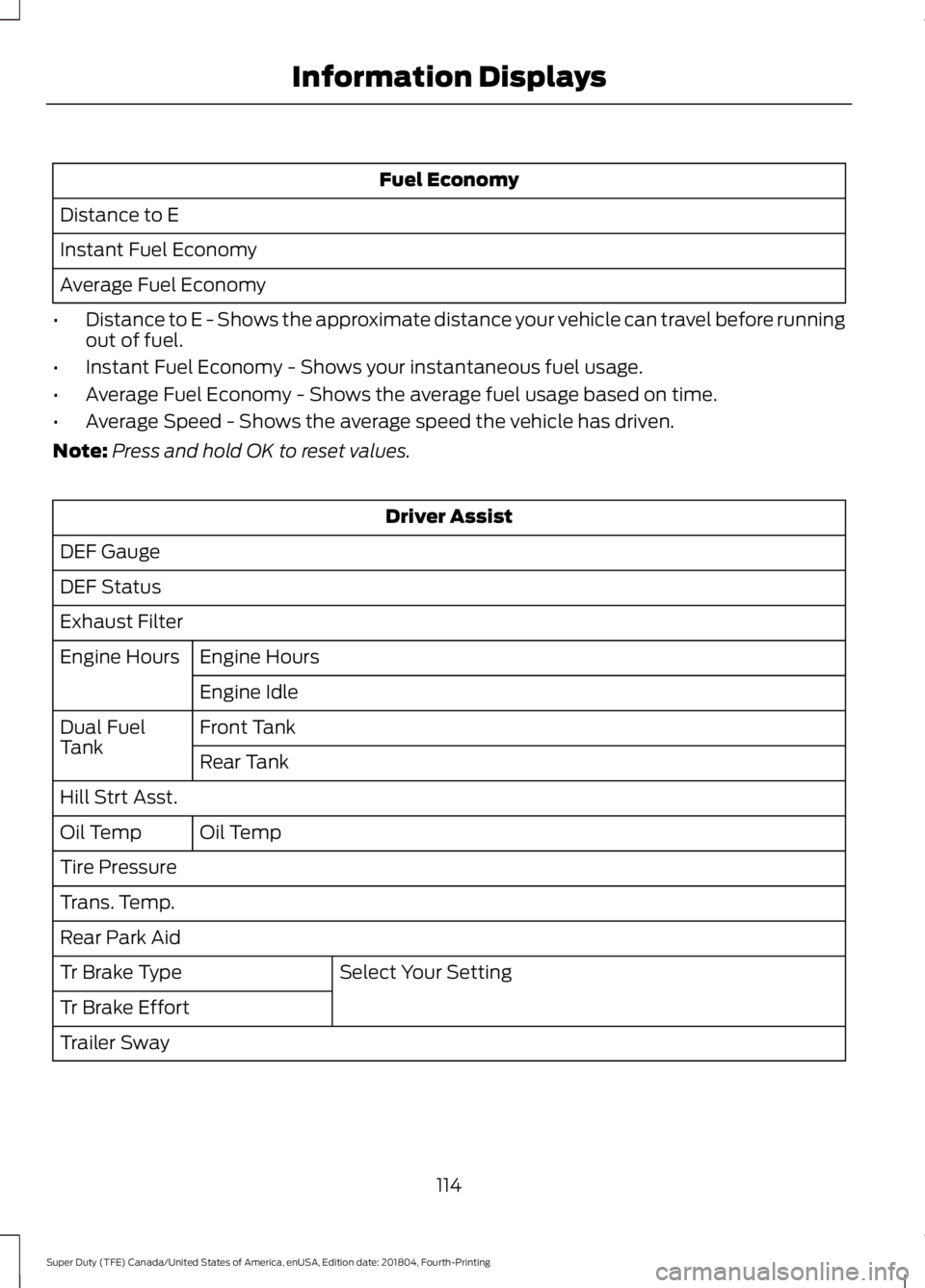 FORD F250 SUPER DUTY 2019 Owners Manual Fuel Economy
Distance to E
Instant Fuel Economy
Average Fuel Economy
• Distance to E - Shows the approximate distance your vehicle can travel before running
out of fuel.
• Instant Fuel Economy - S FORD F250 SUPER DUTY 2019 Owners Manual Fuel Economy
Distance to E
Instant Fuel Economy
Average Fuel Economy
• Distance to E - Shows the approximate distance your vehicle can travel before running
out of fuel.
• Instant Fuel Economy - S