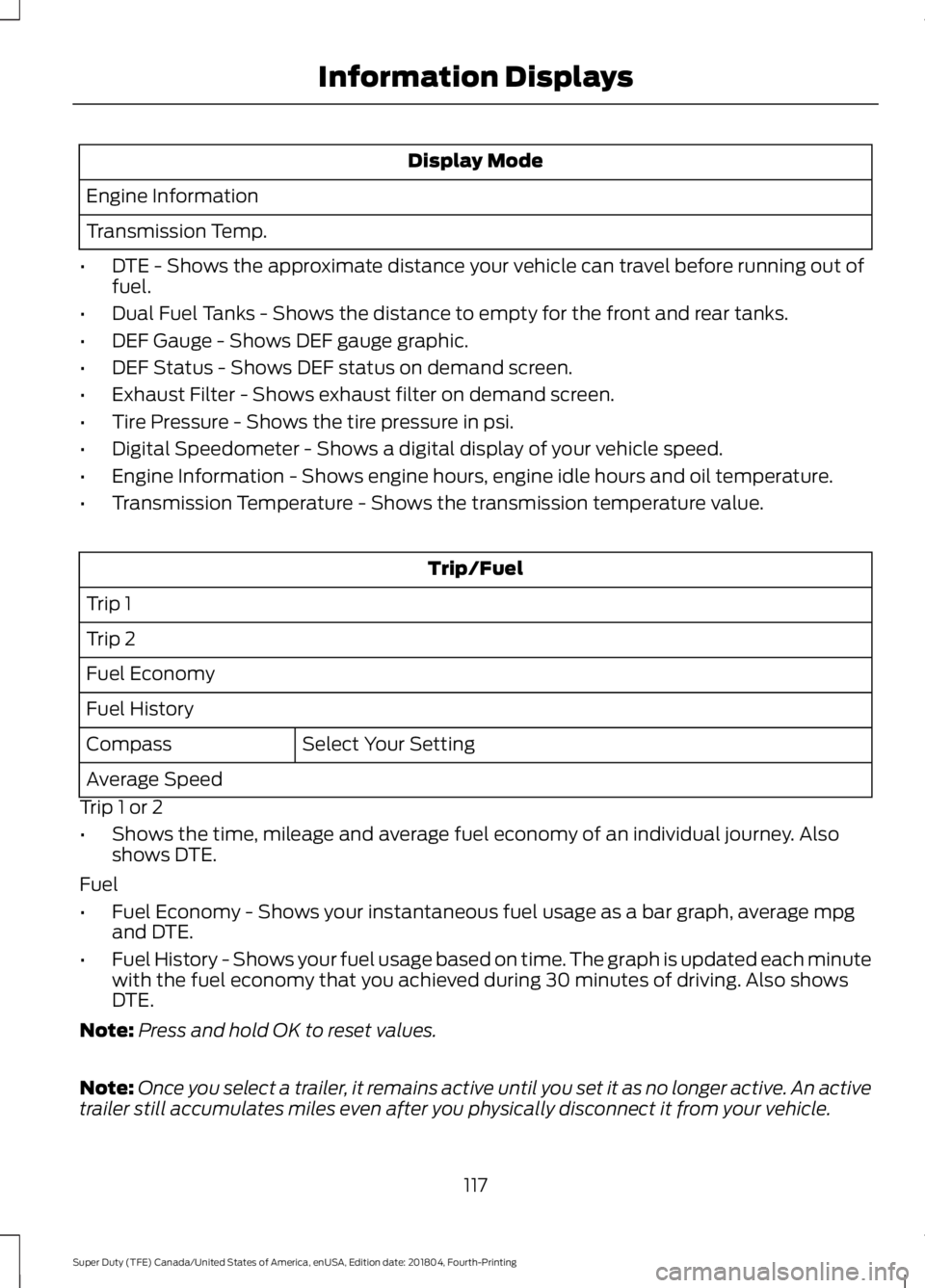 FORD F250 SUPER DUTY 2019 Owners Manual Display Mode
Engine Information
Transmission Temp.
• DTE - Shows the approximate distance your vehicle can travel before running out of
fuel.
• Dual Fuel Tanks - Shows the distance to empty for th FORD F250 SUPER DUTY 2019 Owners Manual Display Mode
Engine Information
Transmission Temp.
• DTE - Shows the approximate distance your vehicle can travel before running out of
fuel.
• Dual Fuel Tanks - Shows the distance to empty for th
