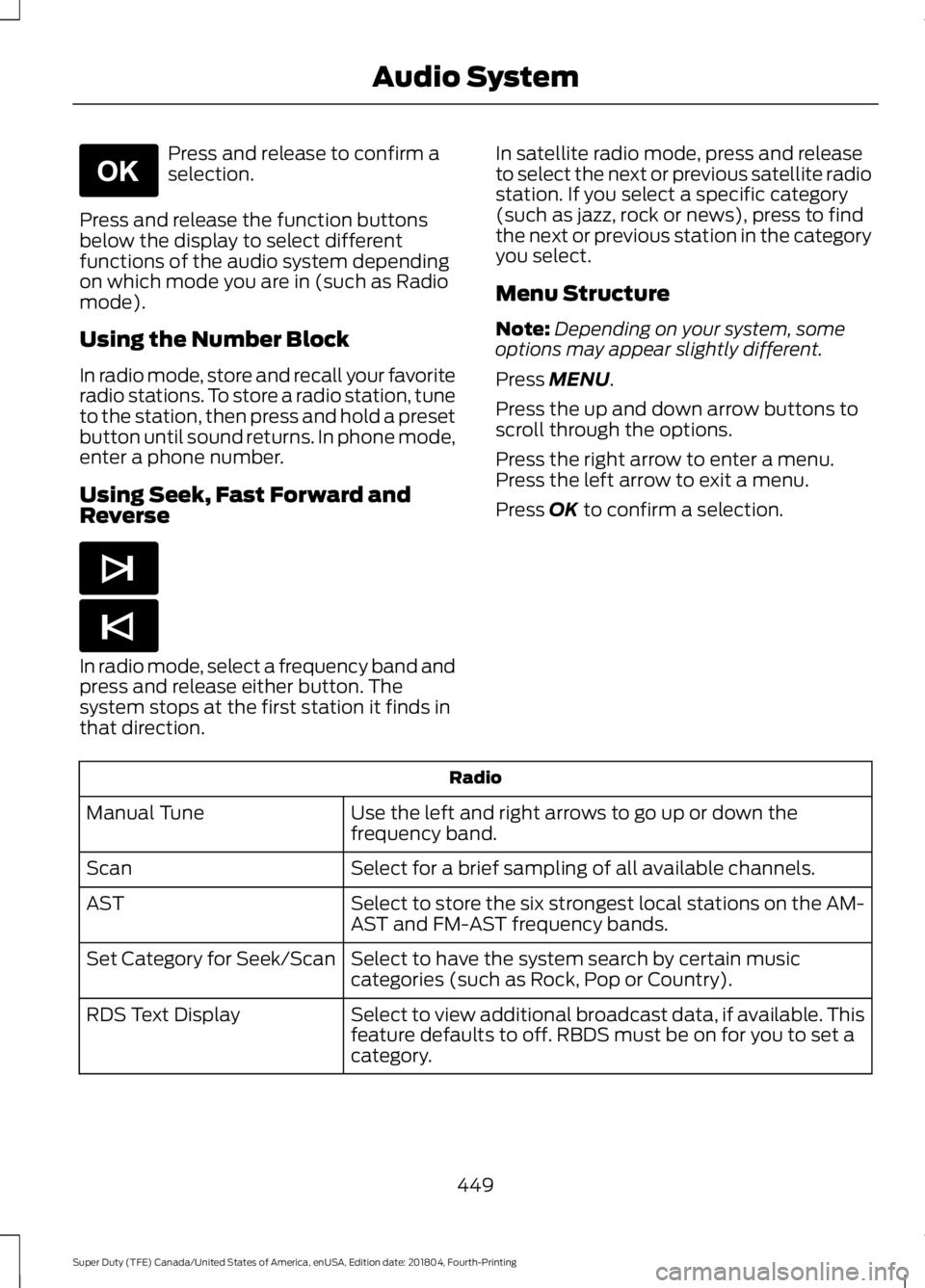 FORD F250 SUPER DUTY 2019  Owners Manual Press and release to confirm a
selection.
Press and release the function buttons
below the display to select different
functions of the audio system depending
on which mode you are in (such as Radio
m