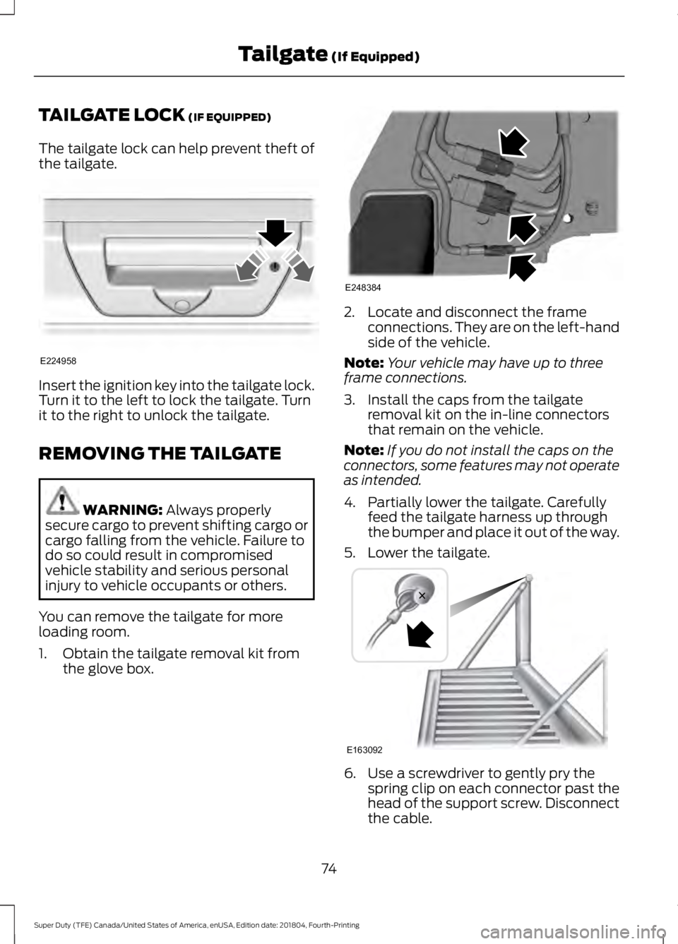 FORD F250 SUPER DUTY 2019  Owners Manual TAILGATE LOCK (IF EQUIPPED)
The tailgate lock can help prevent theft of
the tailgate. Insert the ignition key into the tailgate lock.
Turn it to the left to lock the tailgate. Turn
it to the right to 