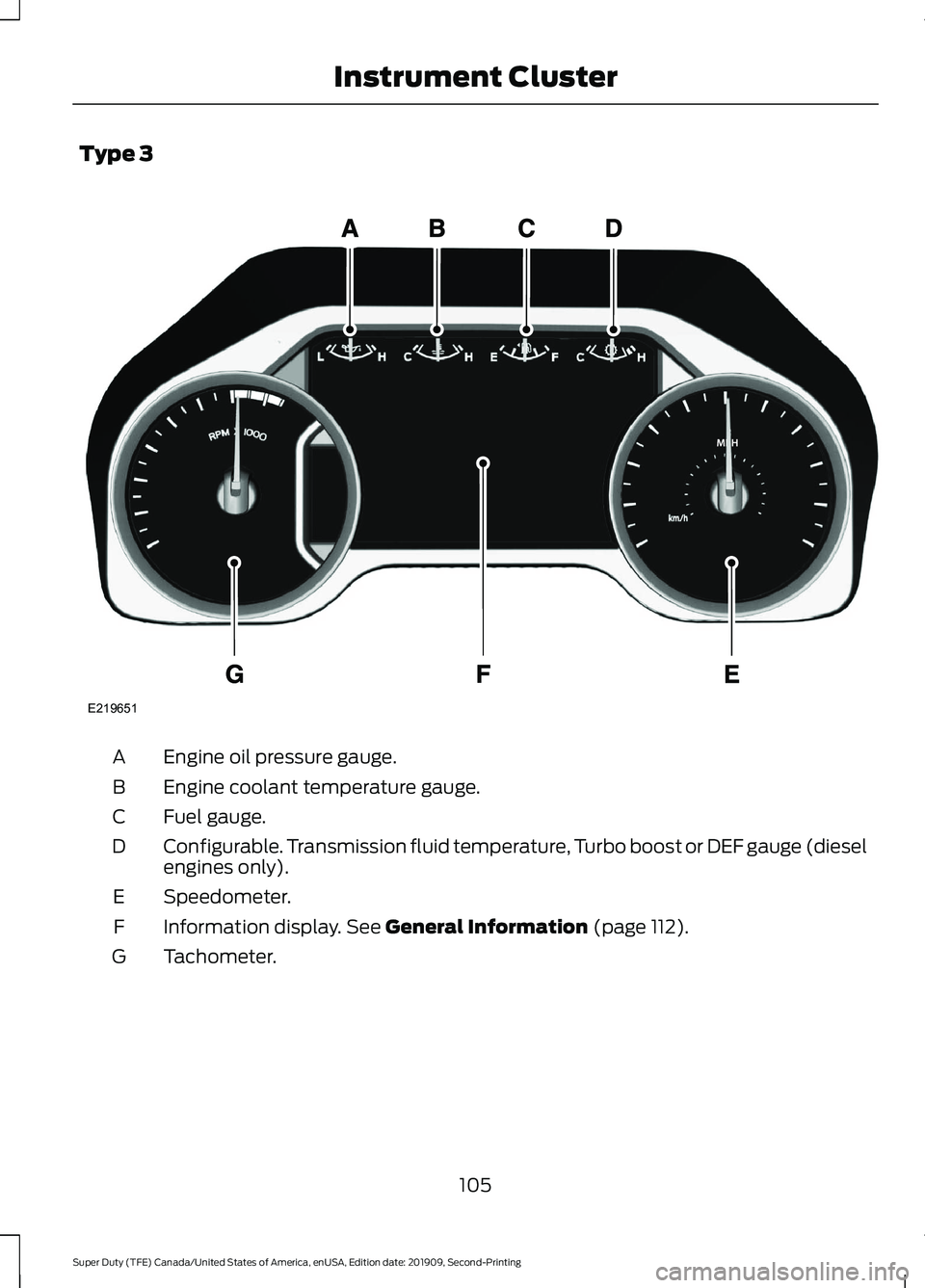 FORD F250 SUPER DUTY 2020 Owners Manual Type 3
Engine oil pressure gauge.
A
Engine coolant temperature gauge.
B
Fuel gauge.
C
Configurable. Transmission fluid temperature, Turbo boost or DEF gauge (diesel
engines only).
D
Speedometer.
E
Inf FORD F250 SUPER DUTY 2020 Owners Manual Type 3
Engine oil pressure gauge.
A
Engine coolant temperature gauge.
B
Fuel gauge.
C
Configurable. Transmission fluid temperature, Turbo boost or DEF gauge (diesel
engines only).
D
Speedometer.
E
Inf