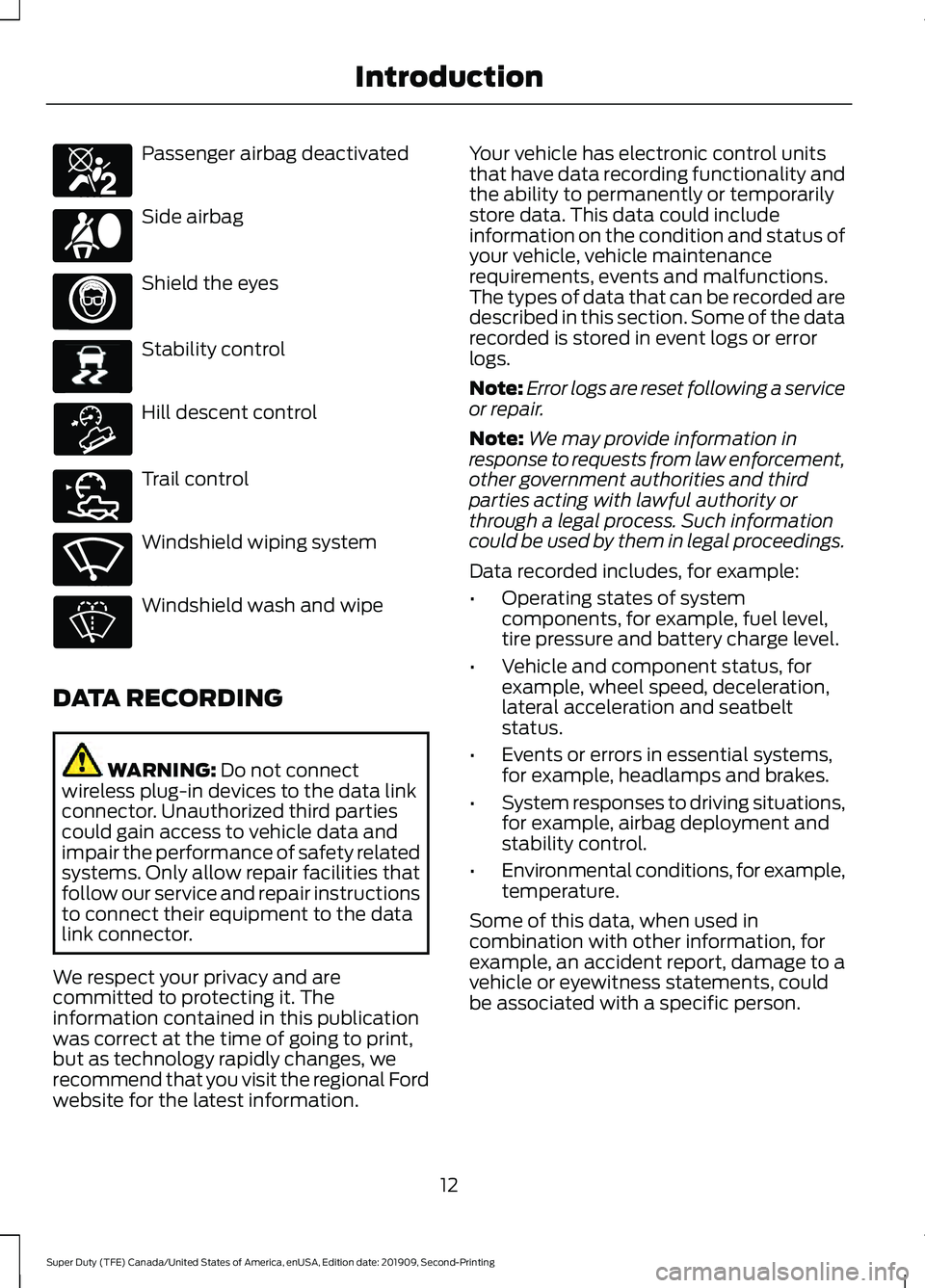 FORD F250 SUPER DUTY 2020  Owners Manual Passenger airbag deactivated
Side airbag
Shield the eyes
Stability control
Hill descent control
Trail control
Windshield wiping system
Windshield wash and wipe
DATA RECORDING WARNING: Do not connect
w