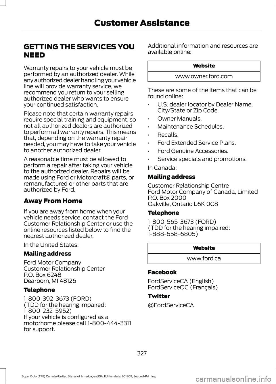 FORD F250 SUPER DUTY 2020 Owners Manual GETTING THE SERVICES YOU
NEED
Warranty repairs to your vehicle must be
performed by an authorized dealer. While
any authorized dealer handling your vehicle
line will provide warranty service, we
recom FORD F250 SUPER DUTY 2020 Owners Manual GETTING THE SERVICES YOU
NEED
Warranty repairs to your vehicle must be
performed by an authorized dealer. While
any authorized dealer handling your vehicle
line will provide warranty service, we
recom