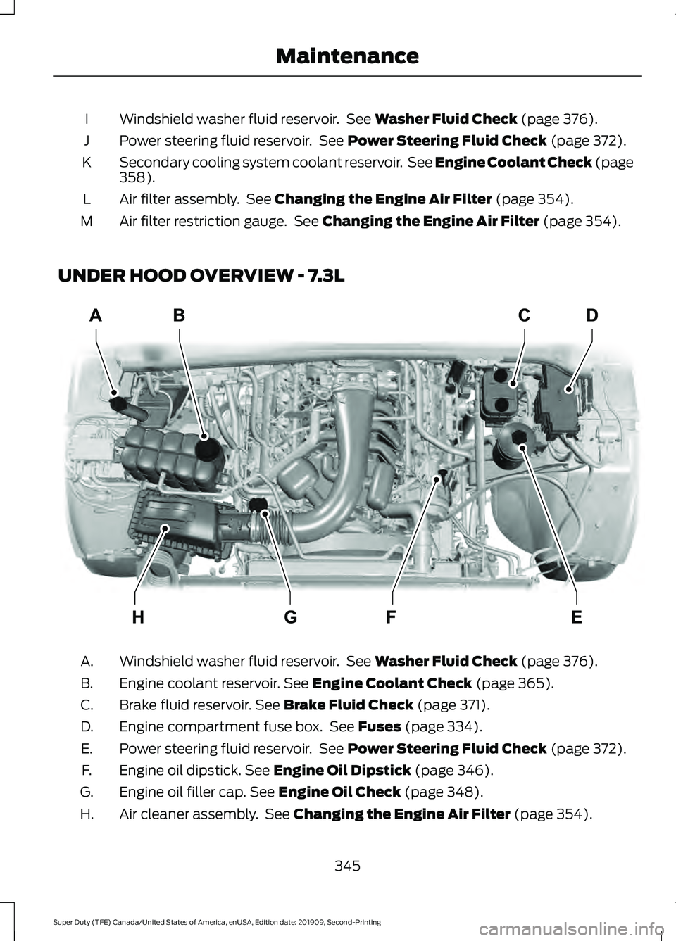 FORD F250 SUPER DUTY 2020 Owners Manual Windshield washer fluid reservoir. See Washer Fluid Check (page 376).
I
Power steering fluid reservoir. See
Power Steering Fluid Check (page 372).
J
Secondary cooling system coolant reservoir. See FORD F250 SUPER DUTY 2020 Owners Manual Windshield washer fluid reservoir. See Washer Fluid Check (page 376).
I
Power steering fluid reservoir. See
Power Steering Fluid Check (page 372).
J
Secondary cooling system coolant reservoir. See