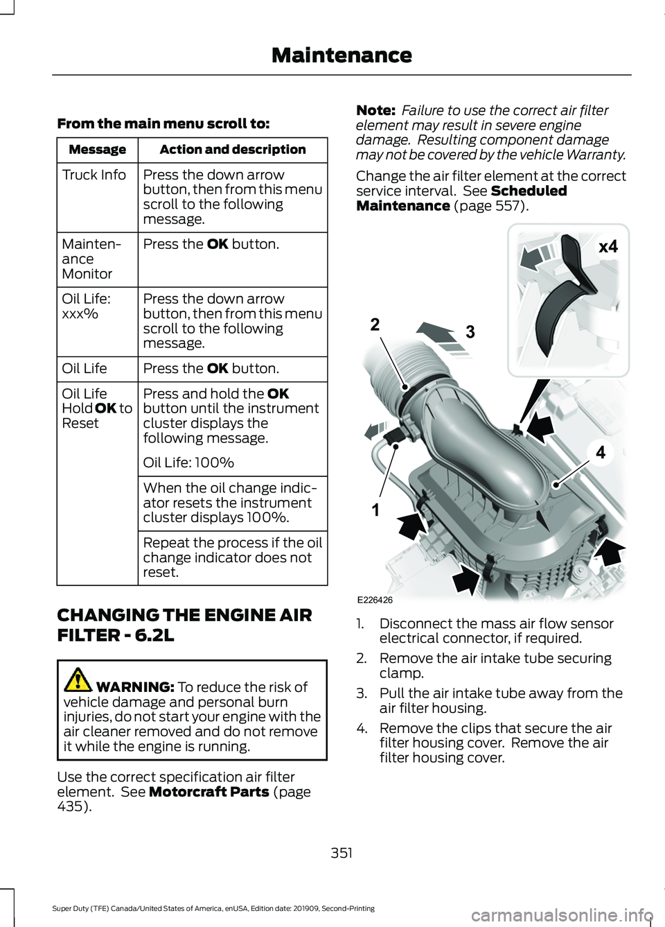 FORD F250 SUPER DUTY 2020 Owners Manual From the main menu scroll to:
Action and description
Message
Press the down arrow
button, then from this menu
scroll to the following
message.
Truck Info
Press the OK button.
Mainten-
ance
Monitor
Pre FORD F250 SUPER DUTY 2020 Owners Manual From the main menu scroll to:
Action and description
Message
Press the down arrow
button, then from this menu
scroll to the following
message.
Truck Info
Press the OK button.
Mainten-
ance
Monitor
Pre