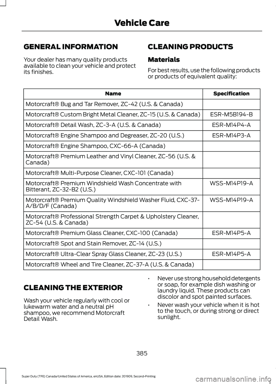 FORD F250 SUPER DUTY 2020 Owners Manual GENERAL INFORMATION
Your dealer has many quality products
available to clean your vehicle and protect
its finishes.
CLEANING PRODUCTS
Materials
For best results, use the following products
or products FORD F250 SUPER DUTY 2020 Owners Manual GENERAL INFORMATION
Your dealer has many quality products
available to clean your vehicle and protect
its finishes.
CLEANING PRODUCTS
Materials
For best results, use the following products
or products