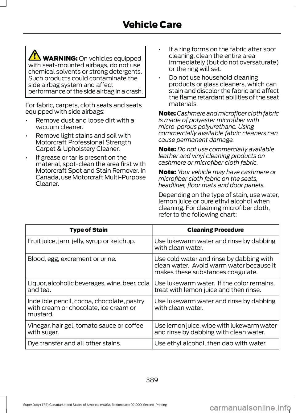 FORD F250 SUPER DUTY 2020  Owners Manual WARNING: On vehicles equipped
with seat-mounted airbags, do not use
chemical solvents or strong detergents.
Such products could contaminate the
side airbag system and affect
performance of the side ai