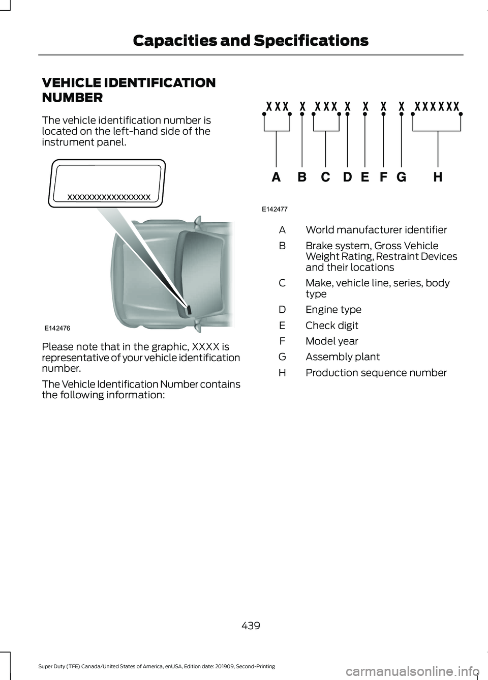 FORD F250 SUPER DUTY 2020 Owners Manual VEHICLE IDENTIFICATION
NUMBER
The vehicle identification number is
located on the left-hand side of the
instrument panel.
Please note that in the graphic, XXXX is
representative of your vehicle identi FORD F250 SUPER DUTY 2020 Owners Manual VEHICLE IDENTIFICATION
NUMBER
The vehicle identification number is
located on the left-hand side of the
instrument panel.
Please note that in the graphic, XXXX is
representative of your vehicle identi