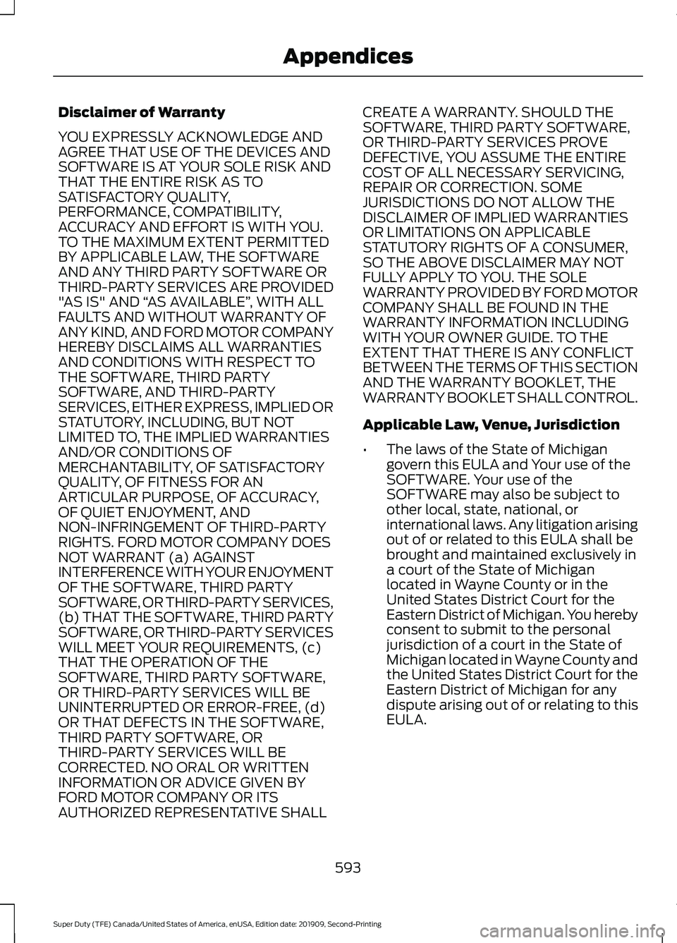 FORD F250 SUPER DUTY 2020 Owners Manual Disclaimer of Warranty
YOU EXPRESSLY ACKNOWLEDGE AND
AGREE THAT USE OF THE DEVICES AND
SOFTWARE IS AT YOUR SOLE RISK AND
THAT THE ENTIRE RISK AS TO
SATISFACTORY QUALITY,
PERFORMANCE, COMPATIBILITY,
AC FORD F250 SUPER DUTY 2020 Owners Manual Disclaimer of Warranty
YOU EXPRESSLY ACKNOWLEDGE AND
AGREE THAT USE OF THE DEVICES AND
SOFTWARE IS AT YOUR SOLE RISK AND
THAT THE ENTIRE RISK AS TO
SATISFACTORY QUALITY,
PERFORMANCE, COMPATIBILITY,
AC