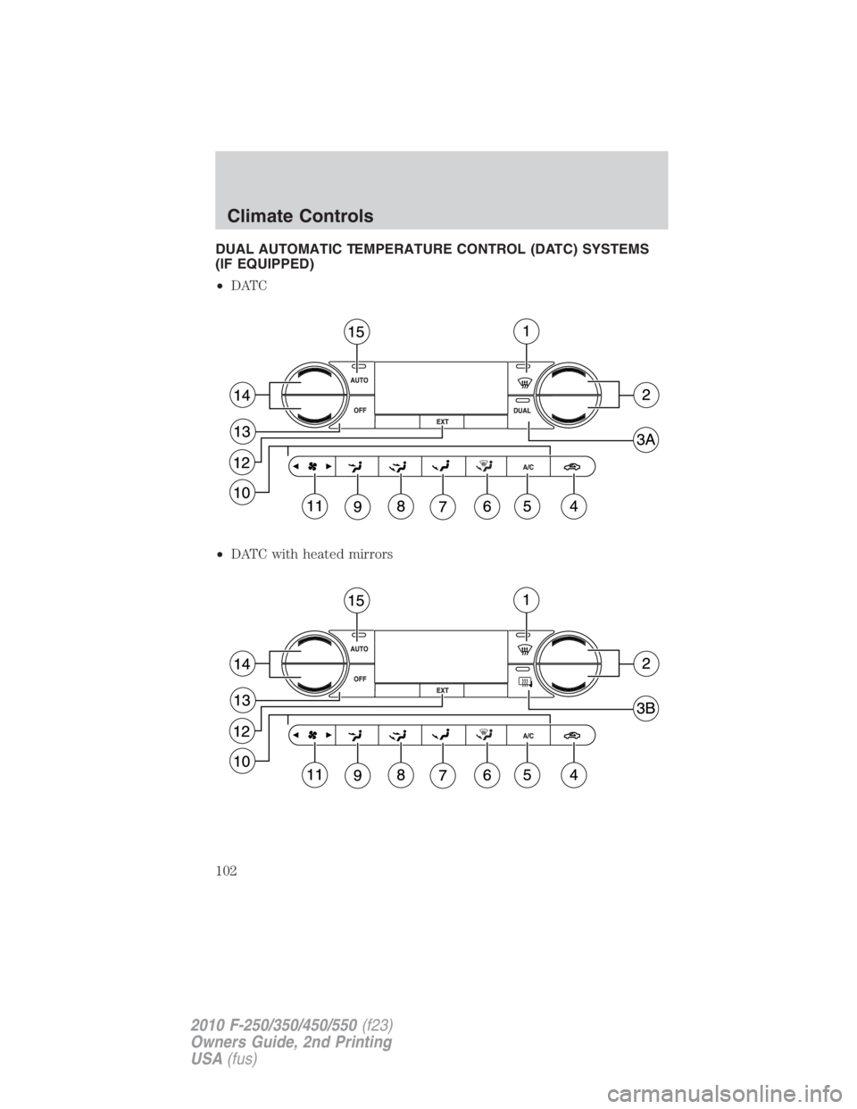FORD F450 2010  Owners Manual DUAL AUTOMATIC TEMPERATURE CONTROL (DATC) SYSTEMS
(IF EQUIPPED)
• DATC
• DATC with heated mirrorsClimate Controls
102
2010 F-250/350/450/550 (f23)
Owners Guide, 2nd Printing
USA (fus) 