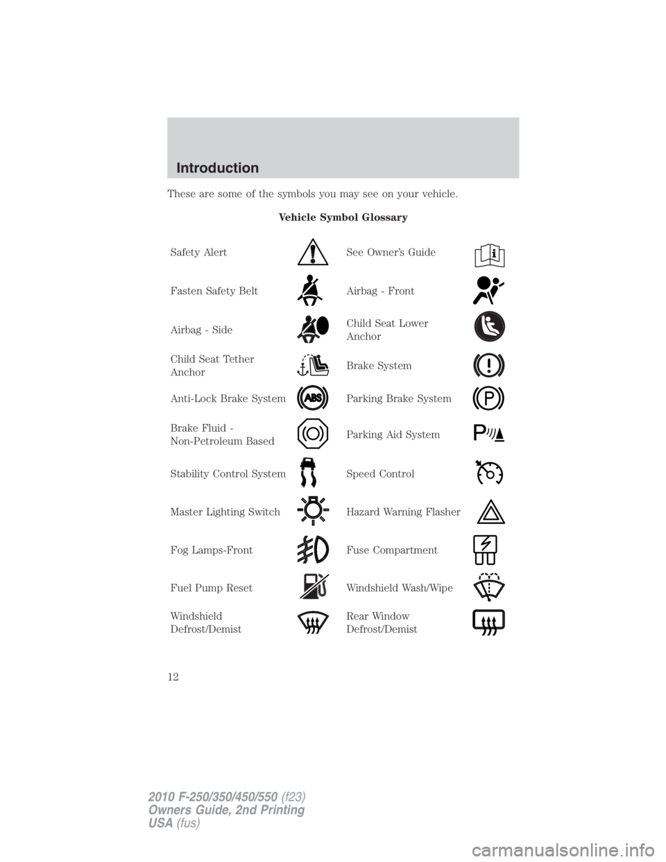 FORD F450 2010 User Guide These are some of the symbols you may see on your vehicle.
Vehicle Symbol Glossary
Safety Alert See Owner’s Guide
Fasten Safety Belt Airbag - Front
Airbag - Side Child Seat Lower
Anchor
Child Seat T