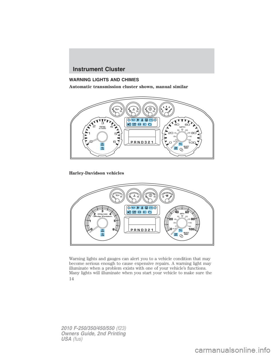 FORD F450 2010  Owners Manual WARNING LIGHTS AND CHIMES
Automatic transmission cluster shown, manual similar
Harley-Davidson vehicles
Warning lights and gauges can alert you to a vehicle condition that may
become serious enough to