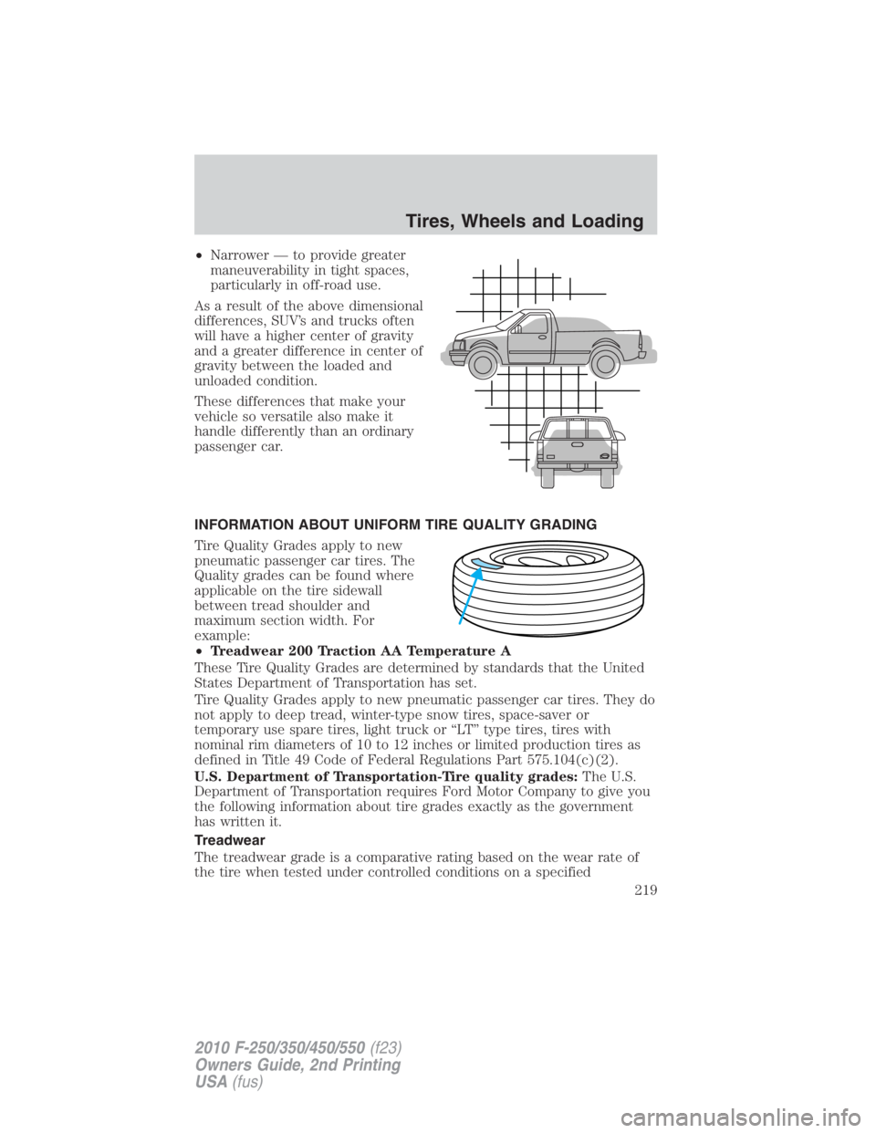 FORD F450 2010 Owners Manual • Narrower — to provide greater
maneuverability in tight spaces,
particularly in off-road use.
As a result of the above dimensional
differences, SUV’s and trucks often
will have a higher center FORD F450 2010 Owners Manual • Narrower — to provide greater
maneuverability in tight spaces,
particularly in off-road use.
As a result of the above dimensional
differences, SUV’s and trucks often
will have a higher center