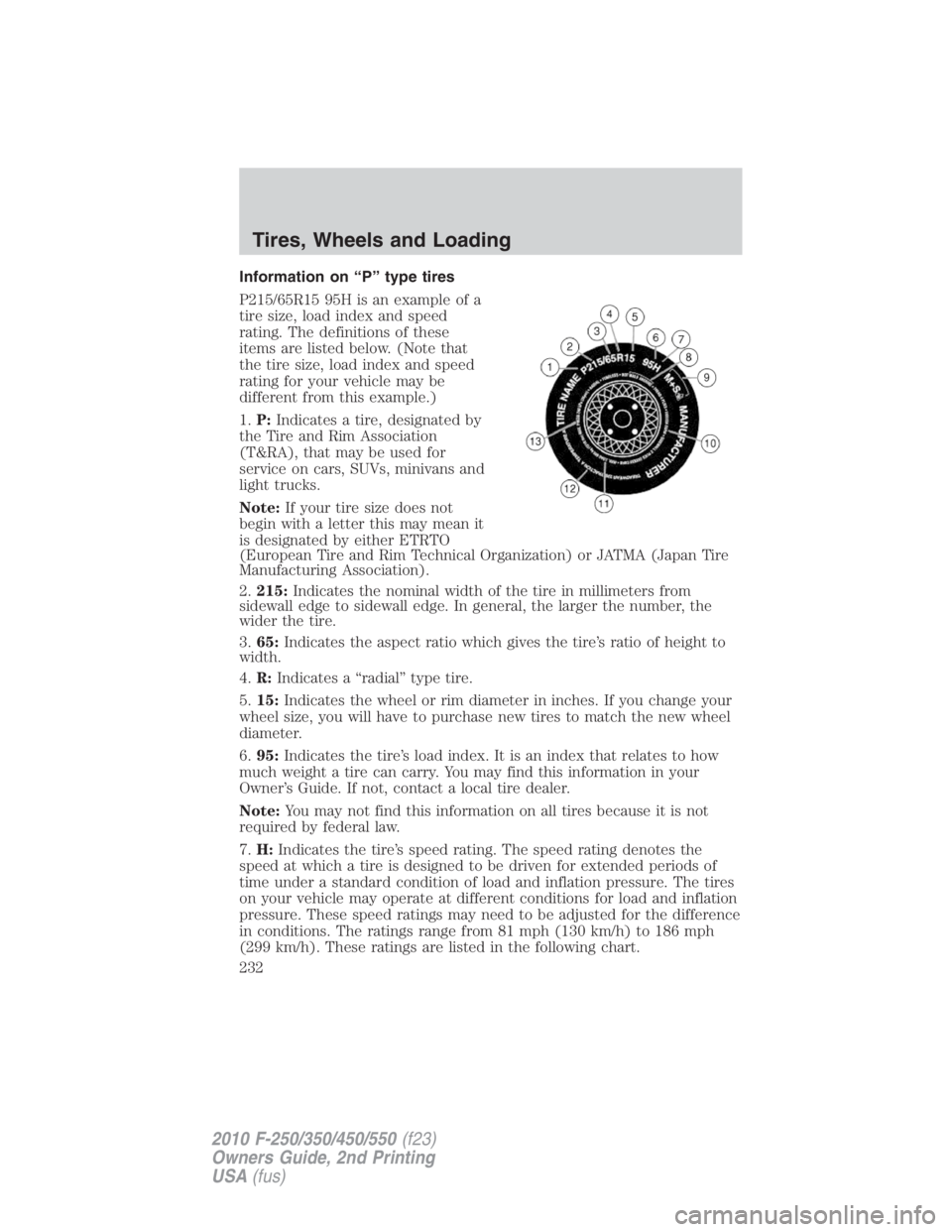 FORD F450 2010  Owners Manual Information on “P” type tires
P215/65R15 95H is an example of a
tire size, load index and speed
rating. The definitions of these
items are listed below. (Note that
the tire size, load index and sp