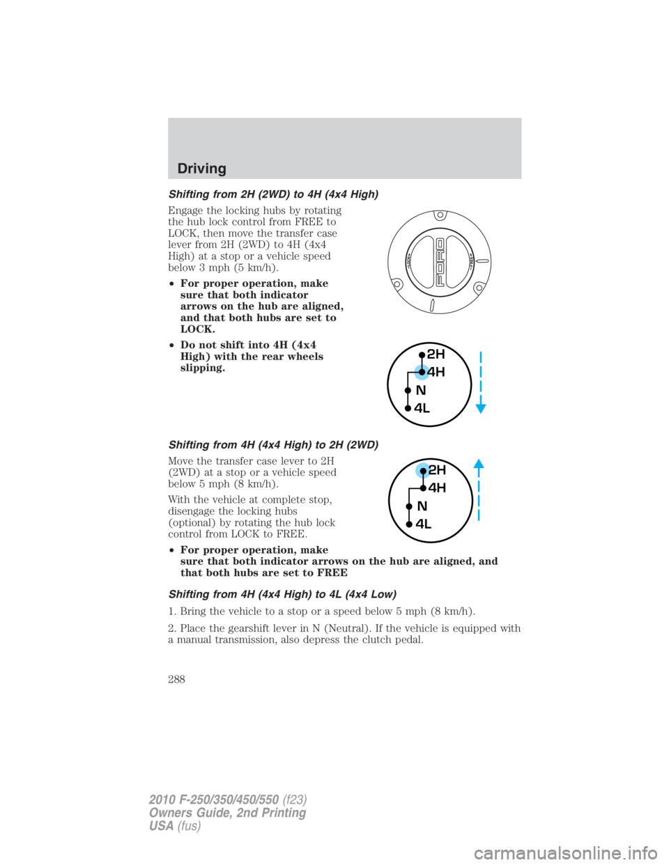 FORD F450 2010 Owners Manual Shifting from 2H (2WD) to 4H (4x4 High)
Engage the locking hubs by rotating
the hub lock control from FREE to
LOCK, then move the transfer case
lever from 2H (2WD) to 4H (4x4
High) at a stop or a vehi FORD F450 2010 Owners Manual Shifting from 2H (2WD) to 4H (4x4 High)
Engage the locking hubs by rotating
the hub lock control from FREE to
LOCK, then move the transfer case
lever from 2H (2WD) to 4H (4x4
High) at a stop or a vehi