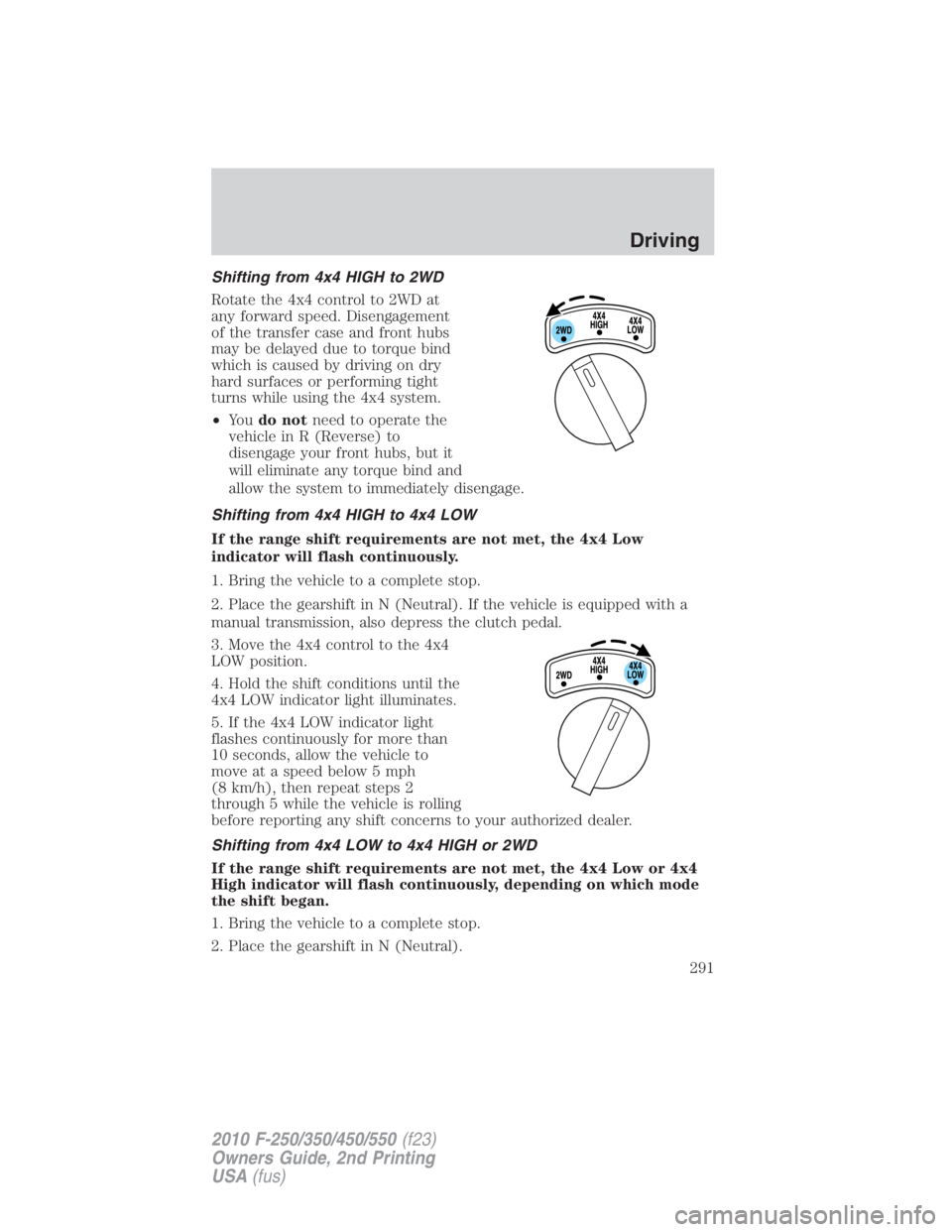 FORD F450 2010 Owners Manual Shifting from 4x4 HIGH to 2WD
Rotate the 4x4 control to 2WD at
any forward speed. Disengagement
of the transfer case and front hubs
may be delayed due to torque bind
which is caused by driving on dry
FORD F450 2010 Owners Manual Shifting from 4x4 HIGH to 2WD
Rotate the 4x4 control to 2WD at
any forward speed. Disengagement
of the transfer case and front hubs
may be delayed due to torque bind
which is caused by driving on dry
