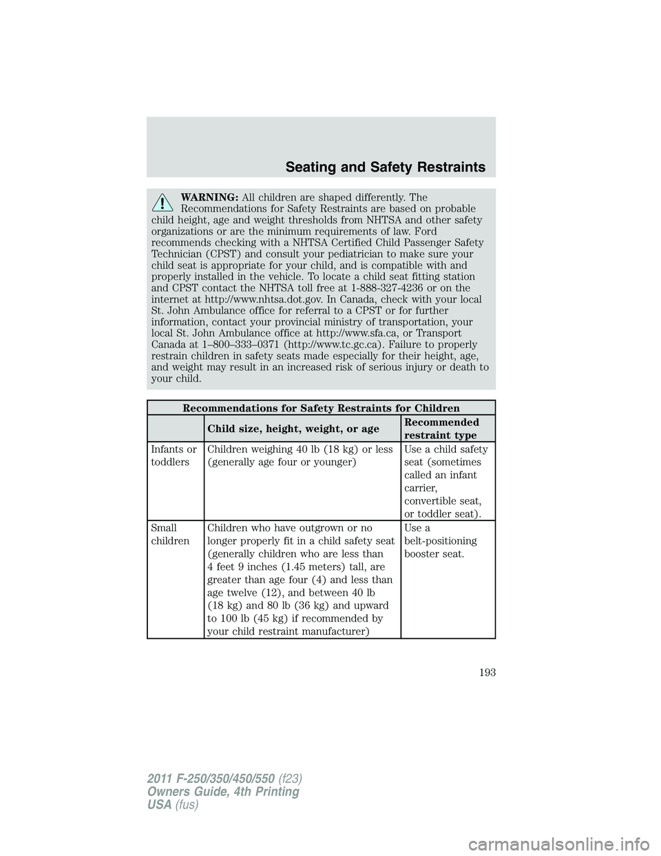 FORD F450 2011 Owners Manual WARNING: All children are shaped differently. The
Recommendations for Safety Restraints are based on probable
child height, age and weight thresholds from NHTSA and other safety
organizations or are t FORD F450 2011 Owners Manual WARNING: All children are shaped differently. The
Recommendations for Safety Restraints are based on probable
child height, age and weight thresholds from NHTSA and other safety
organizations or are t