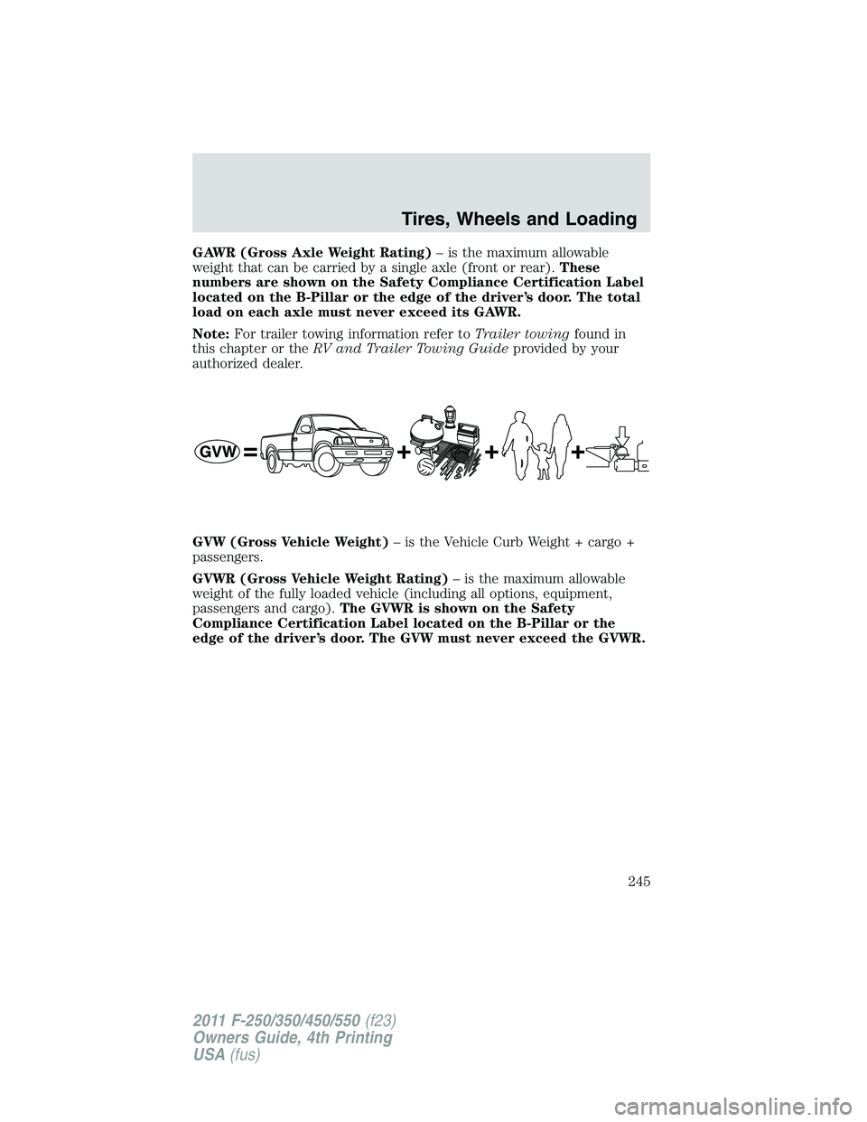 FORD F450 2011 Owners Manual GAWR (Gross Axle Weight Rating) – is the maximum allowable
weight that can be carried by a single axle (front or rear). These
numbers are shown on the Safety Compliance Certification Label
located o FORD F450 2011 Owners Manual GAWR (Gross Axle Weight Rating) – is the maximum allowable
weight that can be carried by a single axle (front or rear). These
numbers are shown on the Safety Compliance Certification Label
located o