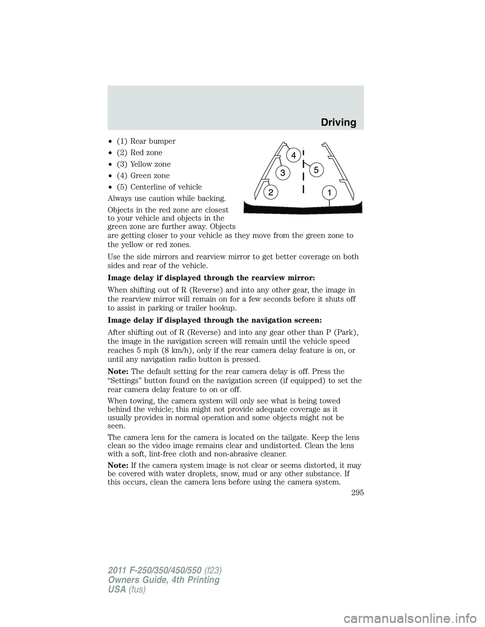 FORD F450 2011 Owners Manual • (1) Rear bumper
• (2) Red zone
• (3) Yellow zone
• (4) Green zone
• (5) Centerline of vehicle
Always use caution while backing.
Objects in the red zone are closest
to your vehicle and obje FORD F450 2011 Owners Manual • (1) Rear bumper
• (2) Red zone
• (3) Yellow zone
• (4) Green zone
• (5) Centerline of vehicle
Always use caution while backing.
Objects in the red zone are closest
to your vehicle and obje