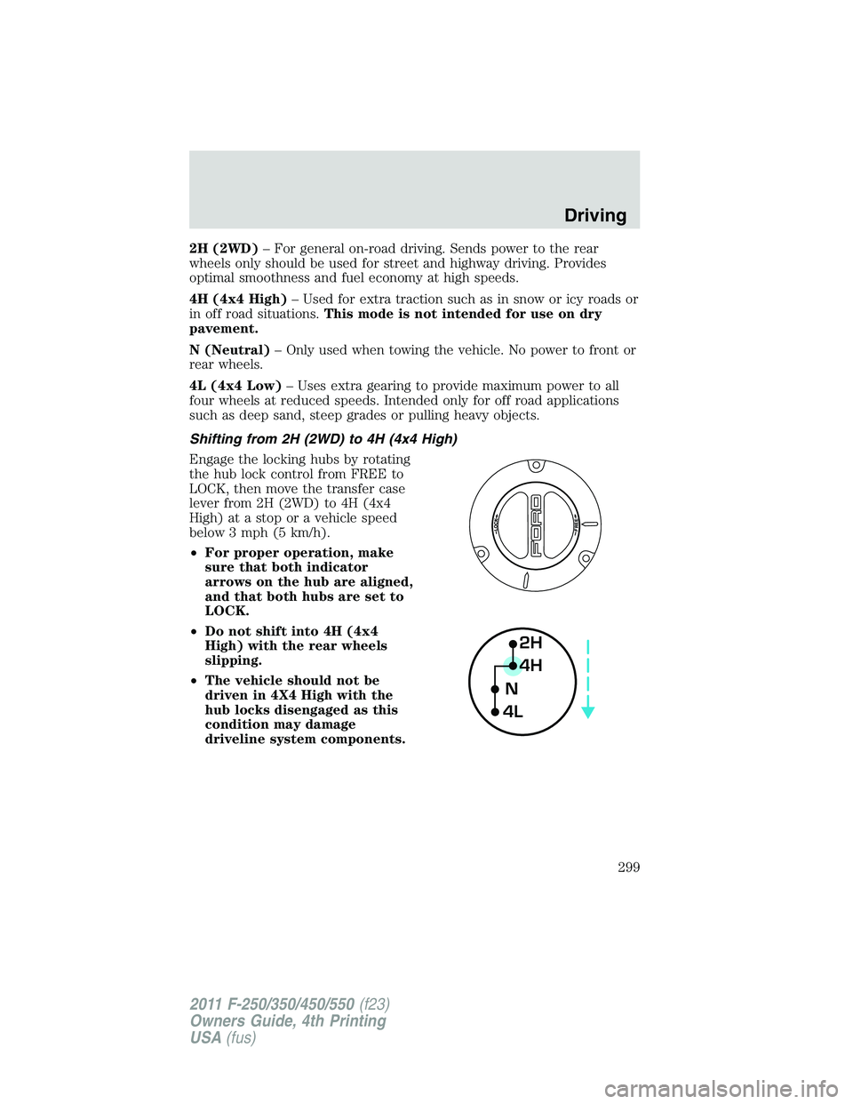 FORD F450 2011 Owners Manual 2H (2WD) – For general on-road driving. Sends power to the rear
wheels only should be used for street and highway driving. Provides
optimal smoothness and fuel economy at high speeds.
4H (4x4 High) FORD F450 2011 Owners Manual 2H (2WD) – For general on-road driving. Sends power to the rear
wheels only should be used for street and highway driving. Provides
optimal smoothness and fuel economy at high speeds.
4H (4x4 High)