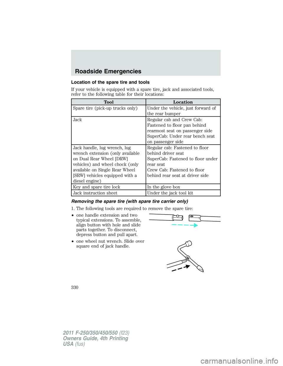 FORD F450 2011 Owners Manual Location of the spare tire and tools
If your vehicle is equipped with a spare tire, jack and associated tools,
refer to the following table for their locations:
Tool Location
Spare tire (pick-up truck FORD F450 2011 Owners Manual Location of the spare tire and tools
If your vehicle is equipped with a spare tire, jack and associated tools,
refer to the following table for their locations:
Tool Location
Spare tire (pick-up truck