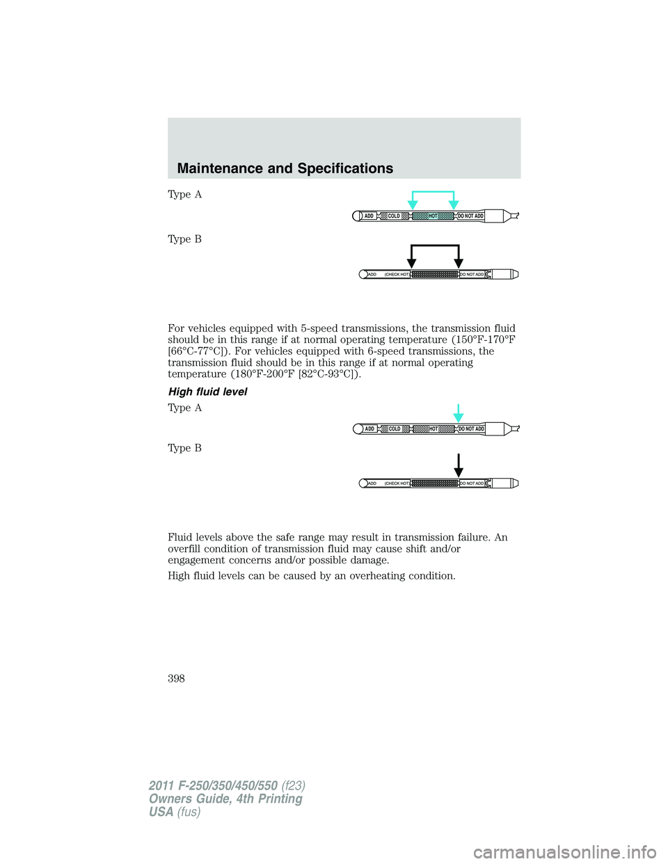 FORD F450 2011  Owners Manual Type A
Type B
For vehicles equipped with 5-speed transmissions, the transmission fluid
should be in this range if at normal operating temperature (150°F-170°F
[66°C-77°C]). For vehicles equipped w