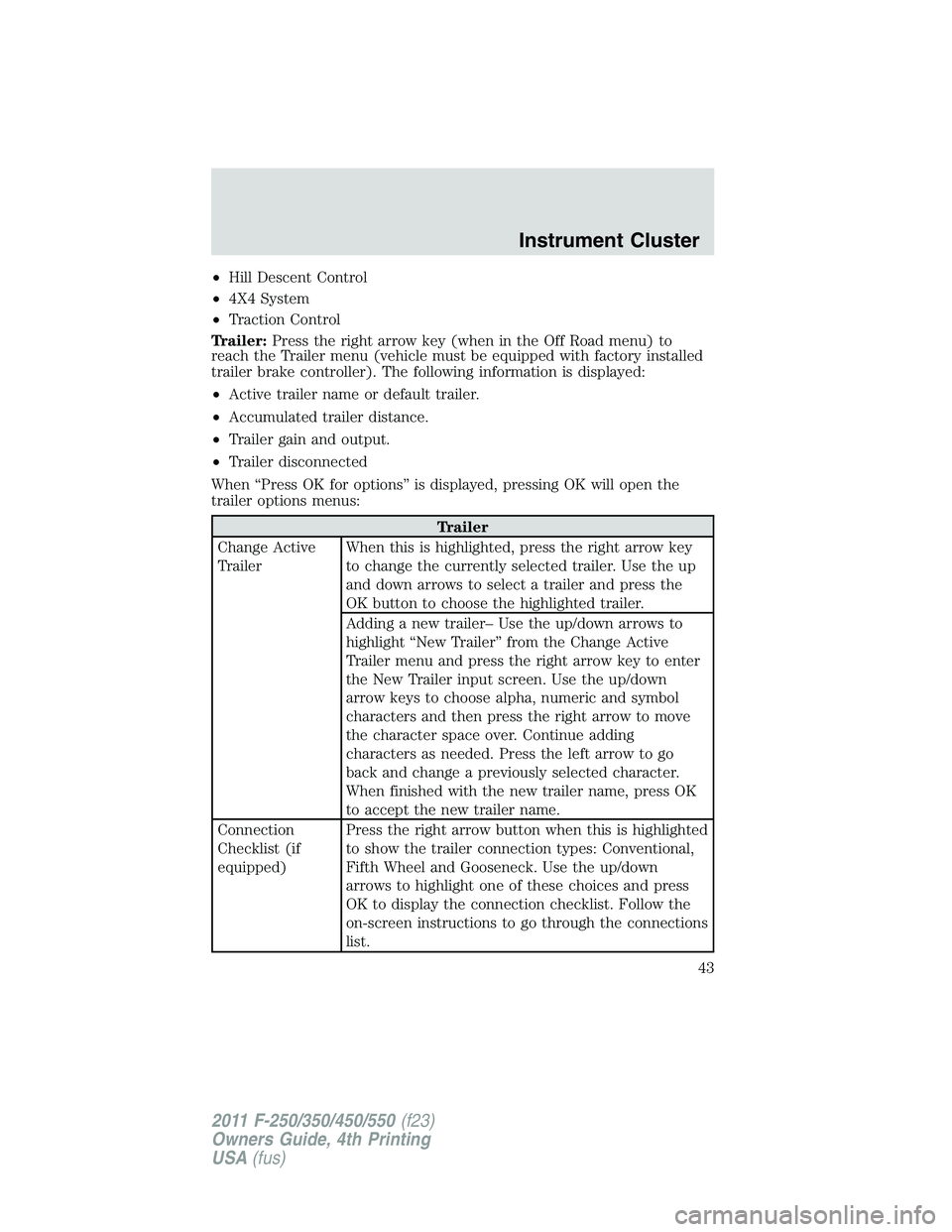FORD F450 2011 Service Manual • Hill Descent Control
• 4X4 System
• Traction Control
Trailer: Press the right arrow key (when in the Off Road menu) to
reach the Trailer menu (vehicle must be equipped with factory installed
t FORD F450 2011 Service Manual • Hill Descent Control
• 4X4 System
• Traction Control
Trailer: Press the right arrow key (when in the Off Road menu) to
reach the Trailer menu (vehicle must be equipped with factory installed
t