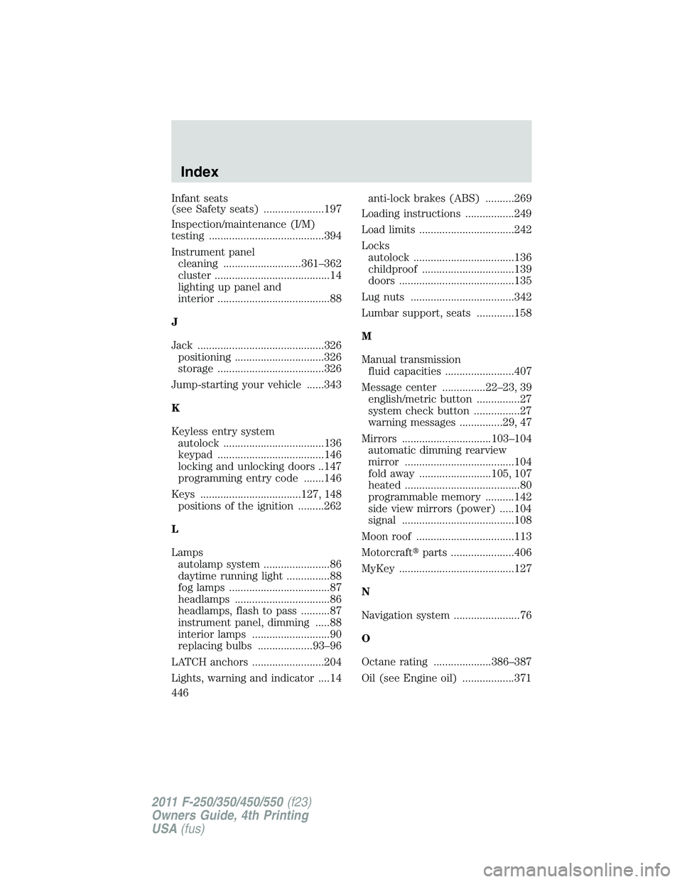 FORD F450 2011  Owners Manual Infant seats
(see Safety seats) .....................197
Inspection/maintenance (I/M)
testing ........................................394
Instrument panel
cleaning ...........................361–362