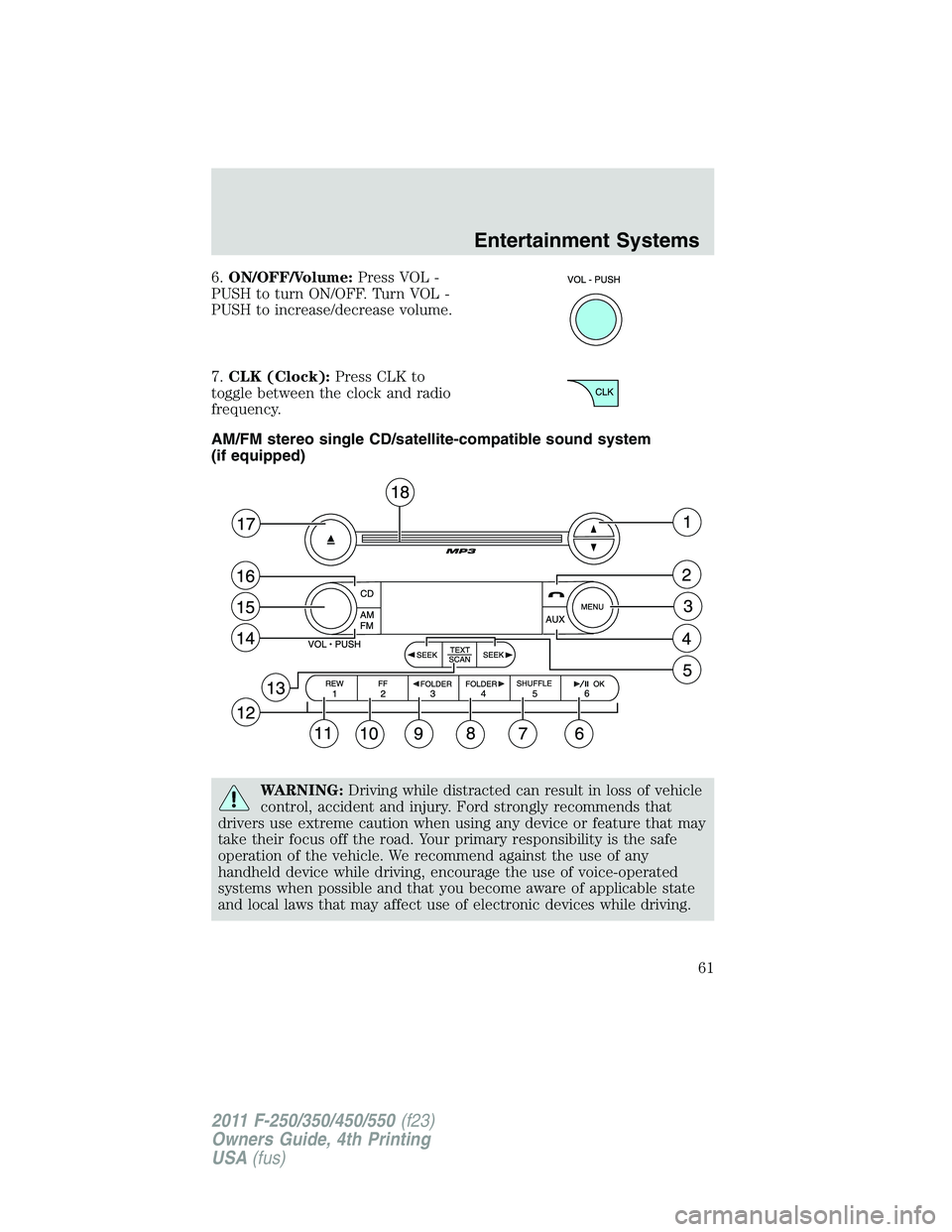 FORD F450 2011 Repair Manual 6. ON/OFF/Volume: Press VOL -
PUSH to turn ON/OFF. Turn VOL -
PUSH to increase/decrease volume.
7. CLK (Clock): Press CLK to
toggle between the clock and radio
frequency.
AM/FM stereo single CD/satell FORD F450 2011 Repair Manual 6. ON/OFF/Volume: Press VOL -
PUSH to turn ON/OFF. Turn VOL -
PUSH to increase/decrease volume.
7. CLK (Clock): Press CLK to
toggle between the clock and radio
frequency.
AM/FM stereo single CD/satell