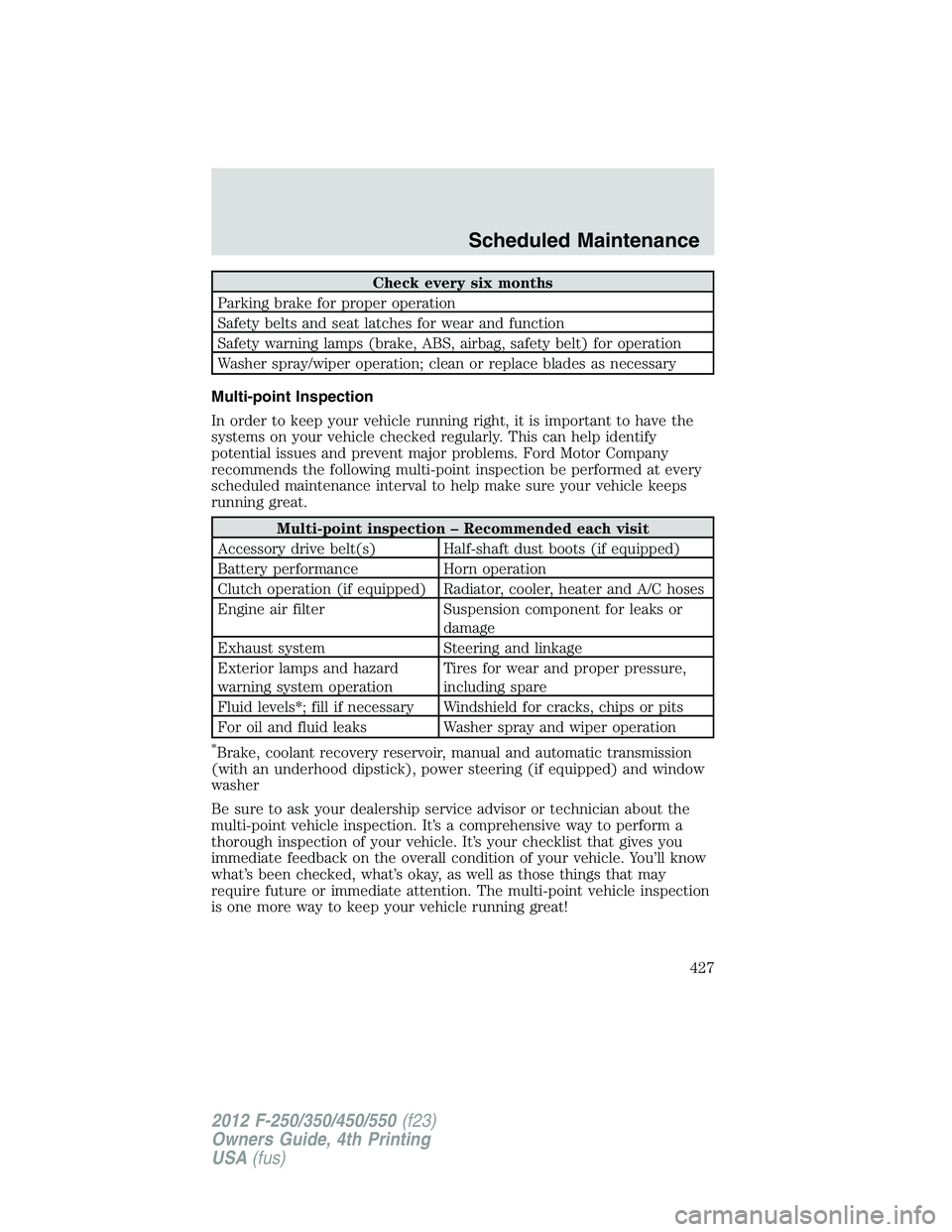 FORD F450 2012  Owners Manual Check every six months
Parking brake for proper operation
Safety belts and seat latches for wear and function
Safety warning lamps (brake, ABS, airbag, safety belt) for operation
Washer spray/wiper op