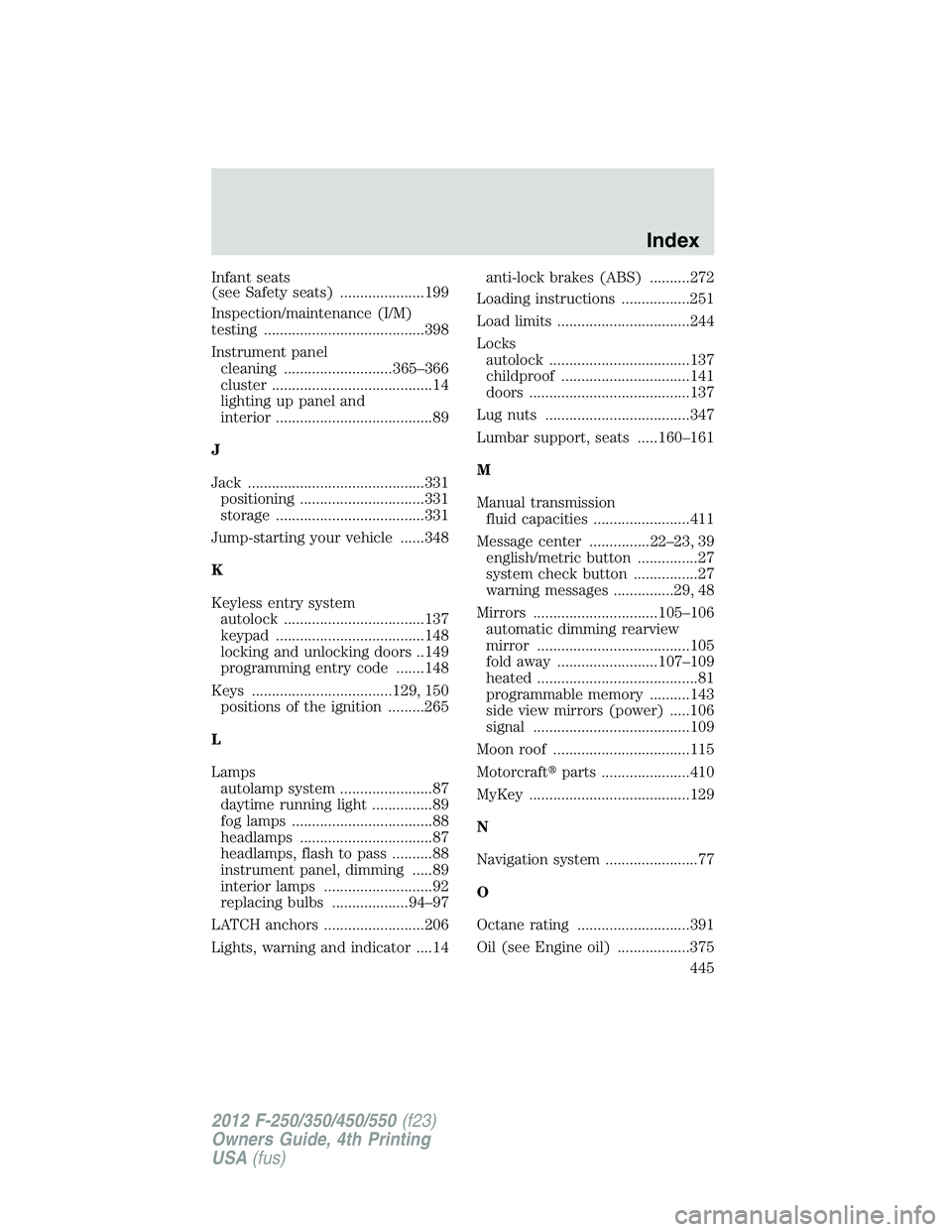 FORD F450 2012 User Guide Infant seats
(see Safety seats) .....................199
Inspection/maintenance (I/M)
testing ........................................398
Instrument panel
cleaning ...........................365–366