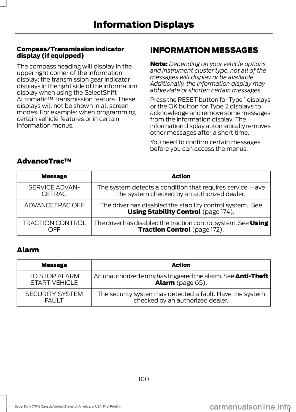 FORD F450 SUPER DUTY 2016  Owners Manual Compass/Transmission indicatordisplay (if equipped)
The compass heading will display in theupper right corner of the informationdisplay; the transmission gear indicatordisplays in the right side of th