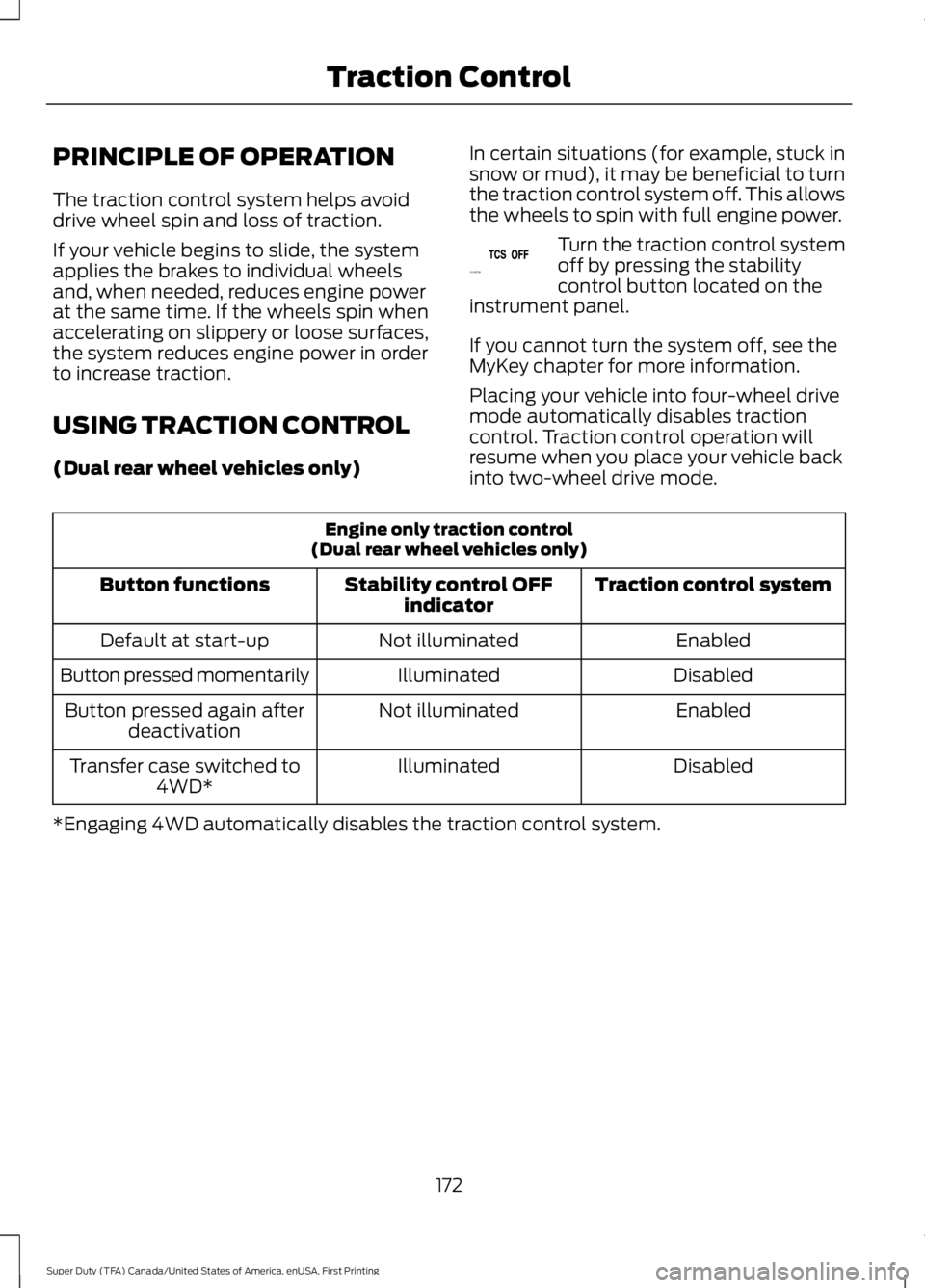 FORD F450 SUPER DUTY 2016 Owners Manual PRINCIPLE OF OPERATION
The traction control system helps avoiddrive wheel spin and loss of traction.
If your vehicle begins to slide, the systemapplies the brakes to individual wheelsand, when needed, FORD F450 SUPER DUTY 2016 Owners Manual PRINCIPLE OF OPERATION
The traction control system helps avoiddrive wheel spin and loss of traction.
If your vehicle begins to slide, the systemapplies the brakes to individual wheelsand, when needed,
